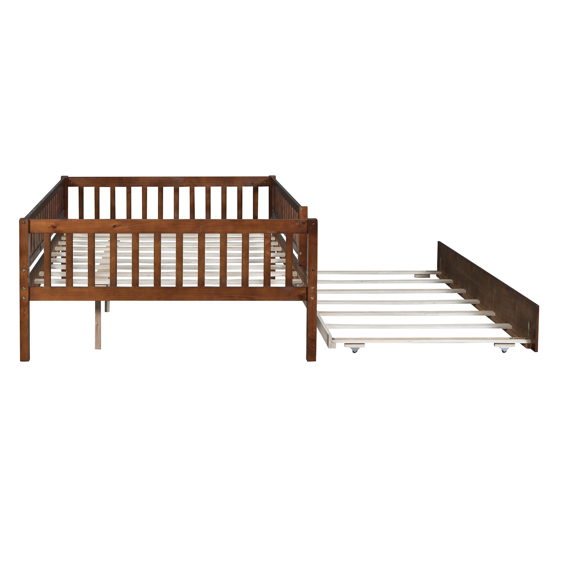 Full Size Wood Daybed With Trundle And Fence Guardrails, Walnut Full Walnut Solid Wood Mdf