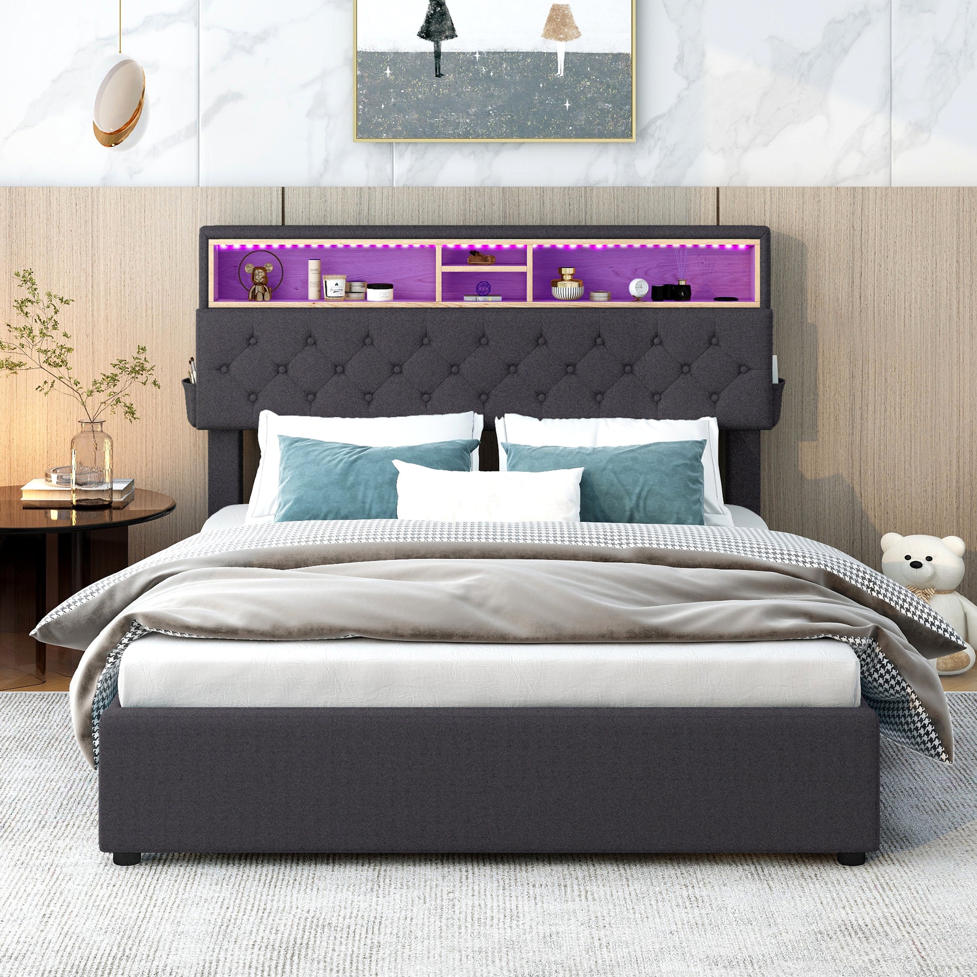 Full Size Upholstered Platform Bed With Storage Headboard, Led, Usb Charging And 2 Drawers, Dark Gray Box Spring Not Required Dark Gray Wood Linen Upholstered