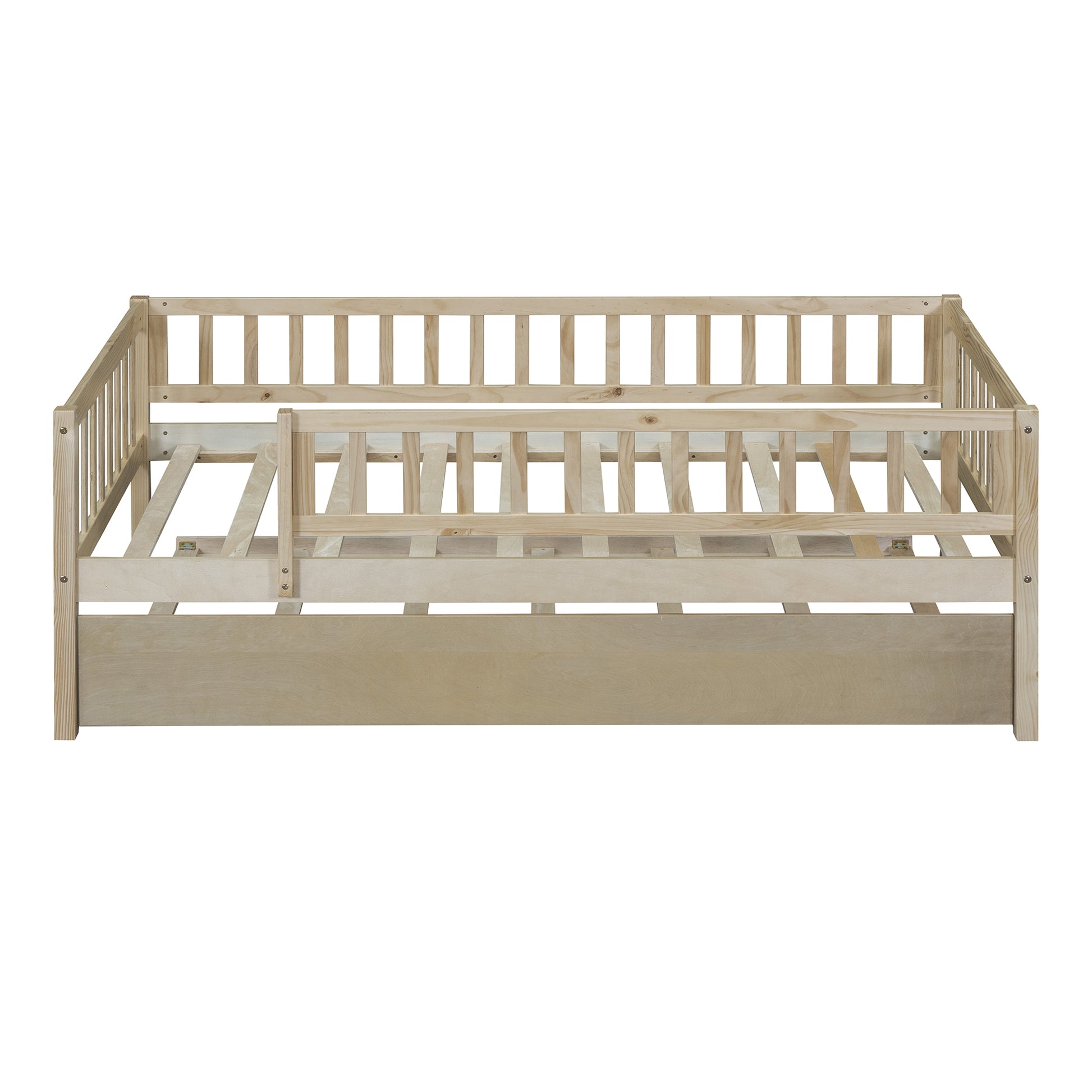 Twin Size Wood Daybed With Trundle And Fence Guardrails, Natural Twin Natural Solid Wood Mdf