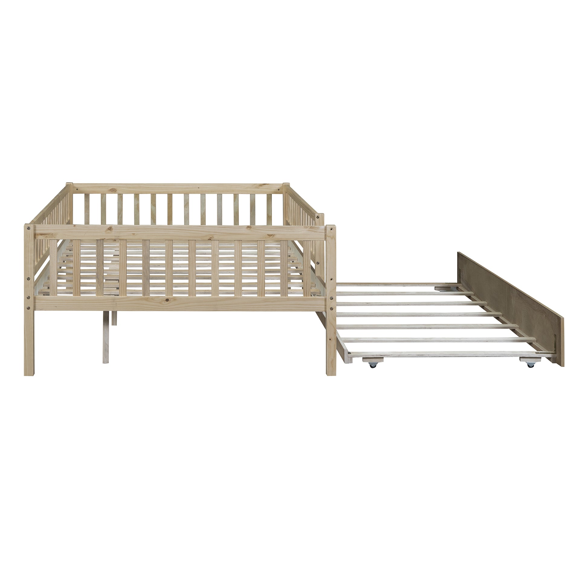 Full Size Wood Daybed With Trundle And Fence Guardrails, Natural Full Natural Solid Wood Mdf