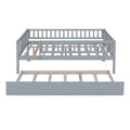 Full Size Wood Daybed With Trundle And Fence Guardrails, Gray Full Gray Solid Wood Mdf