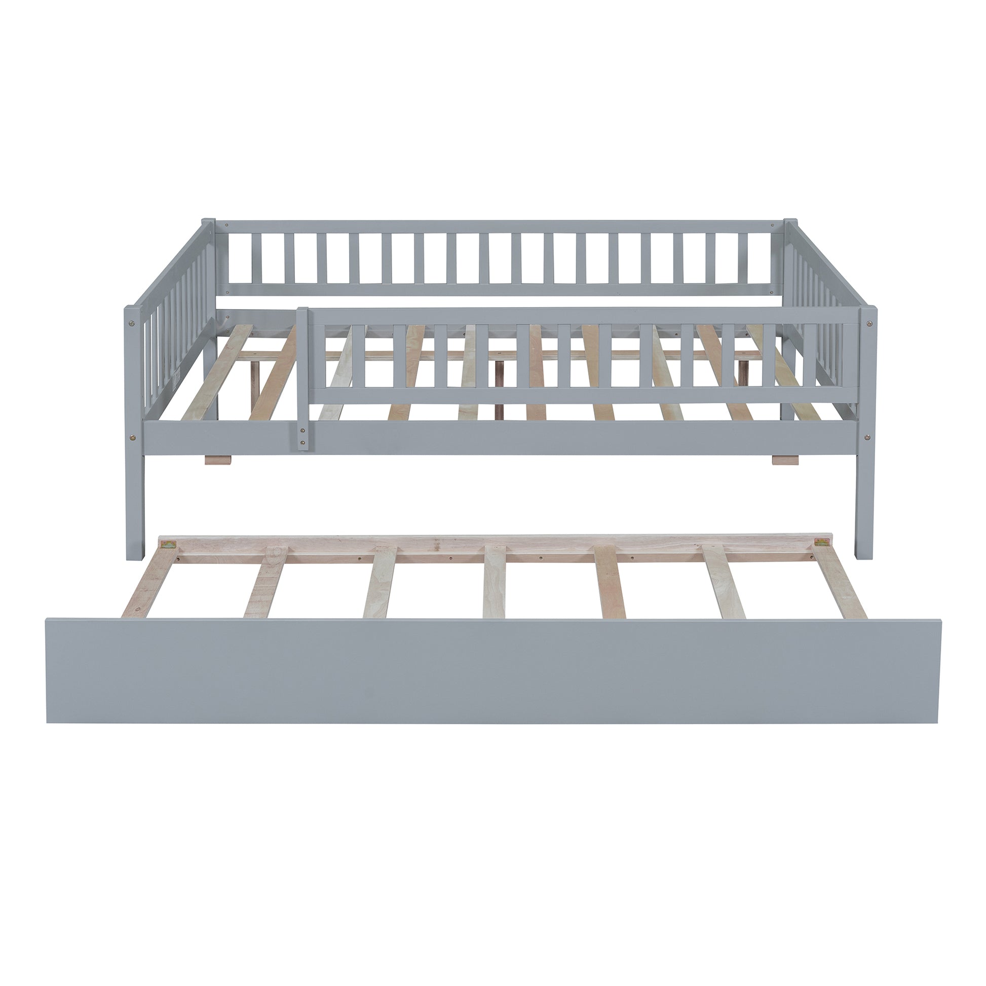 Full Size Wood Daybed With Trundle And Fence Guardrails, Gray Full Gray Solid Wood Mdf