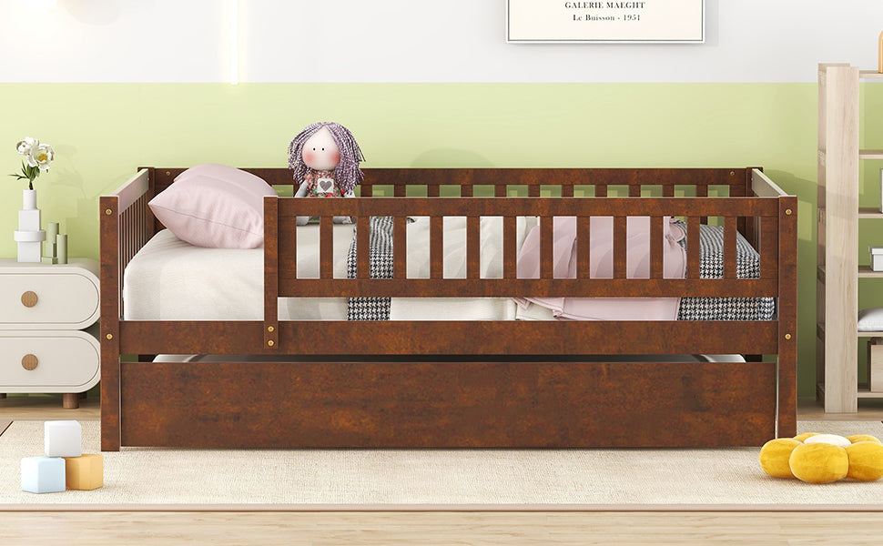 Full Size Wood Daybed With Trundle And Fence Guardrails, Walnut Full Walnut Solid Wood Mdf