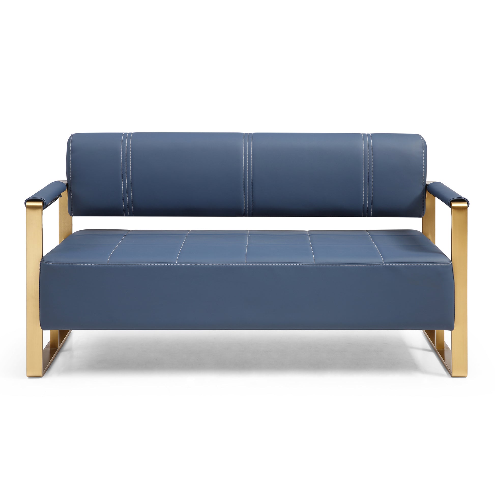 57.9" Width Modern Upholstery Faux Bonded Leather Loveseat Sofa For Living Room Accent Beautiful Seats For Small Spaces 2 Seater Couch Sofa Office Apartment Studio Furniture With Golden Metal Arms,Blue Navy Blue Bonded Leather