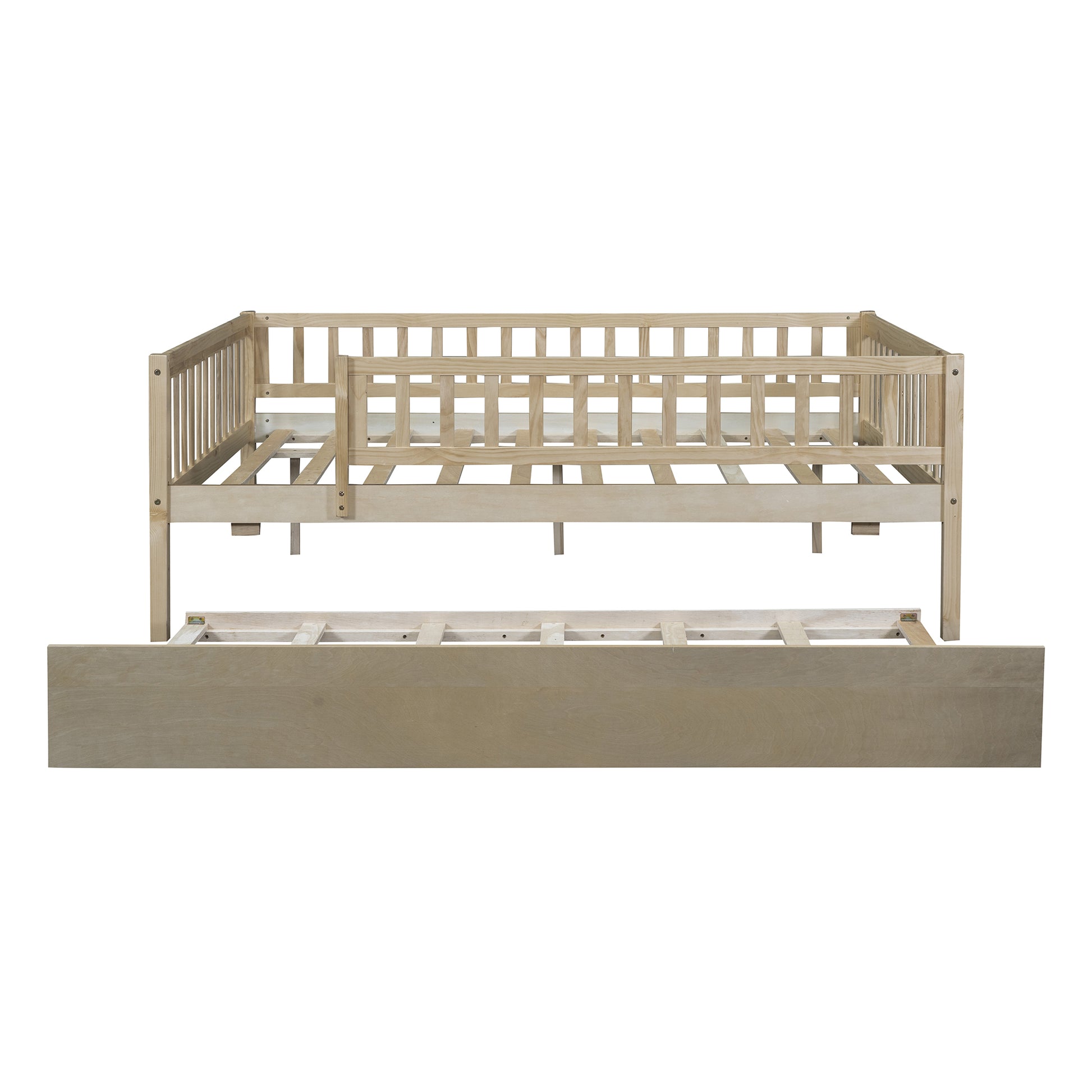 Full Size Wood Daybed With Trundle And Fence Guardrails, Natural Full Natural Solid Wood Mdf