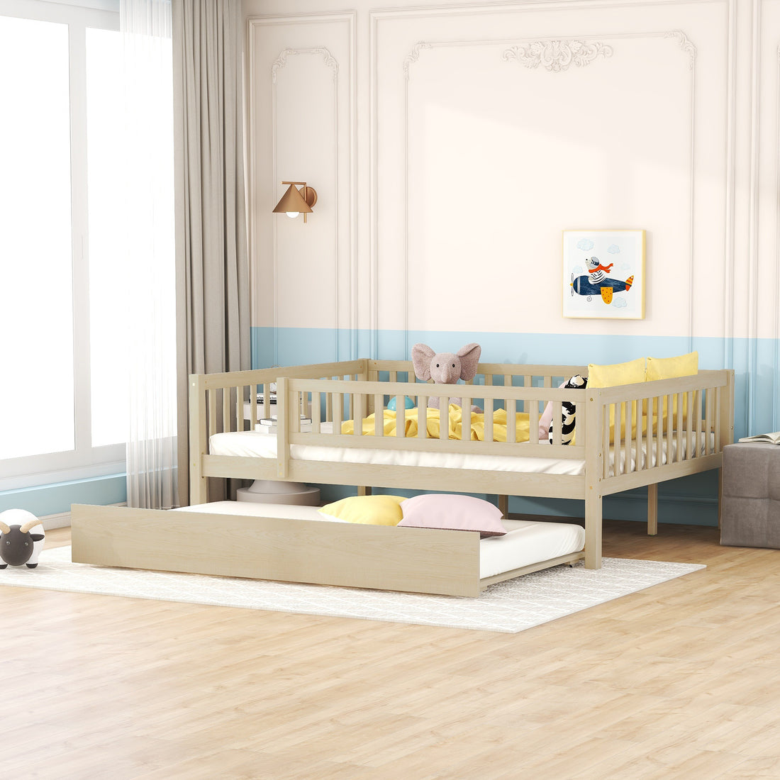 Full Size Wood Daybed With Trundle And Fence Guardrails, Natural Full Natural Solid Wood Mdf