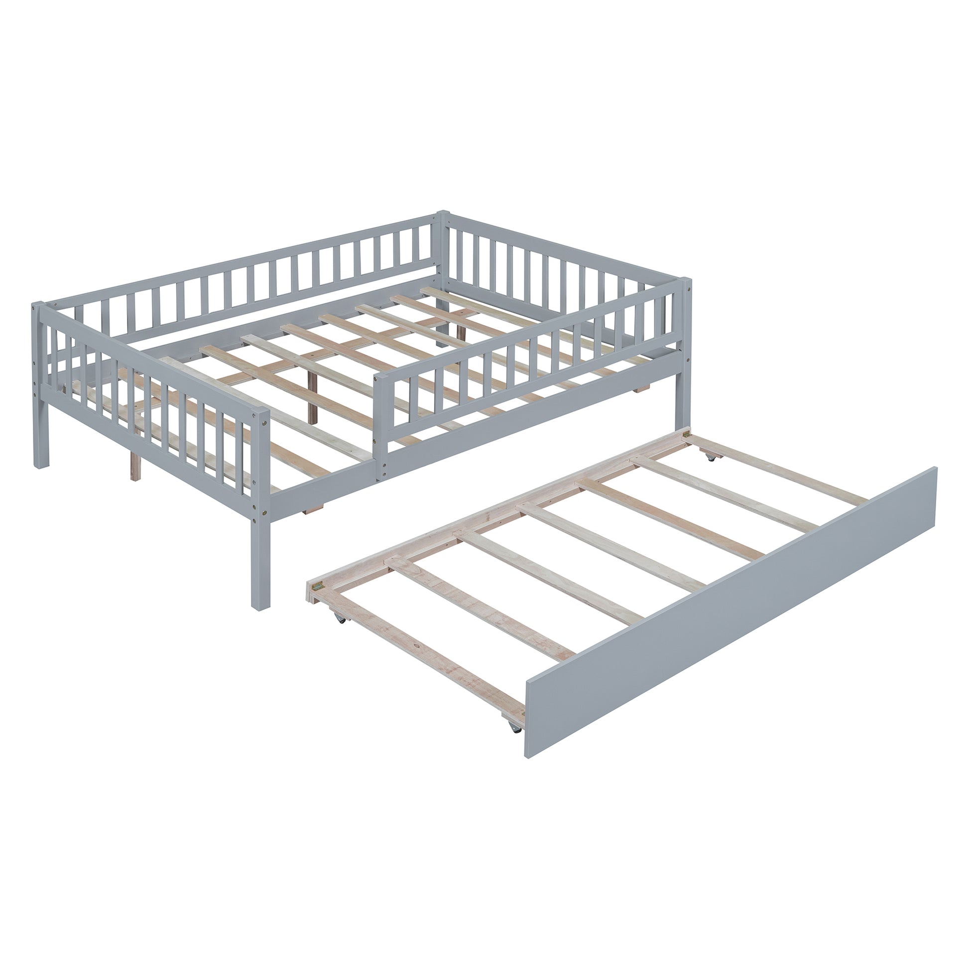 Full Size Wood Daybed With Trundle And Fence Guardrails, Gray Full Gray Solid Wood Mdf