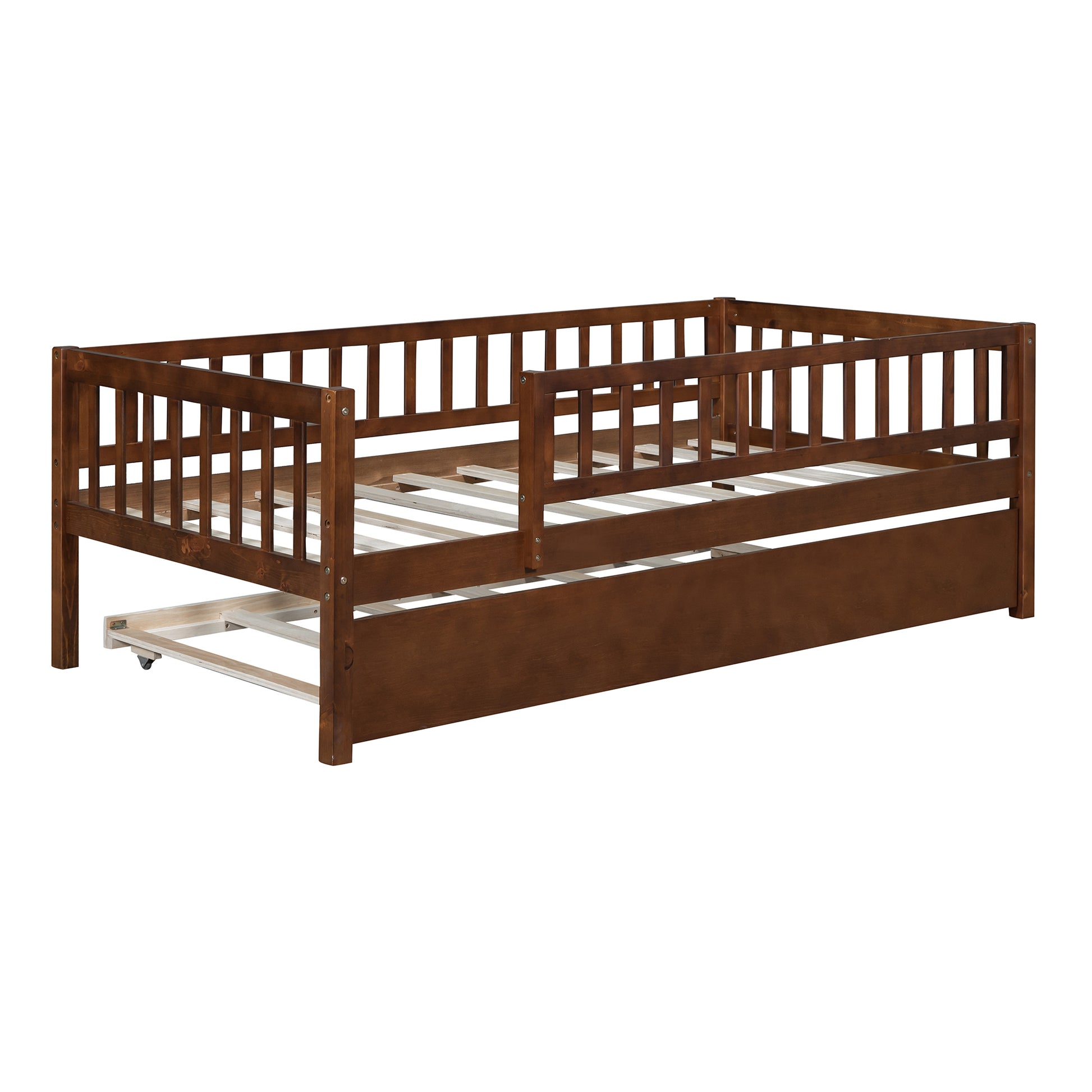 Twin Size Wood Daybed With Trundle And Fence Guardrails, Walnut Twin Walnut Solid Wood Mdf