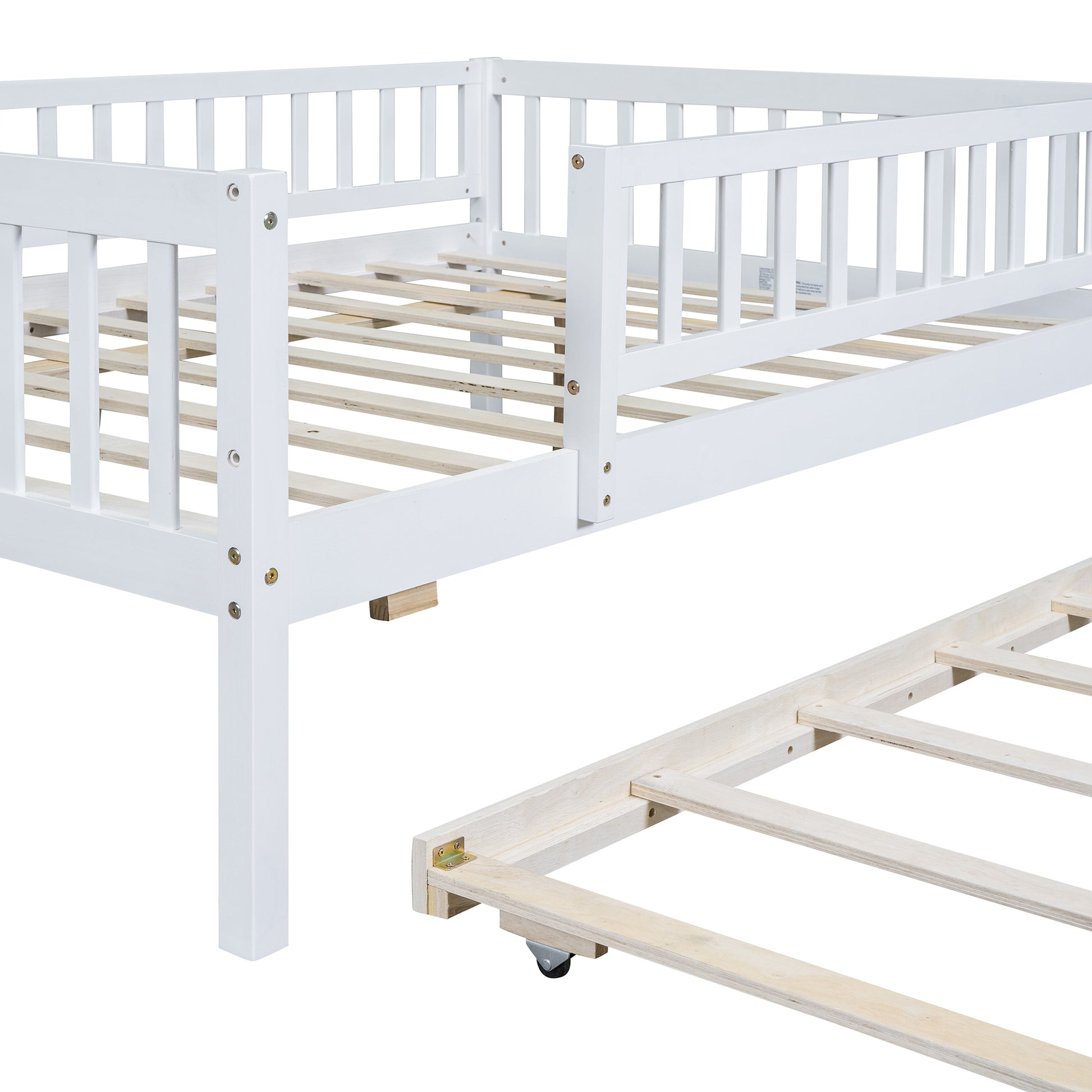 Full Size Wood Daybed With Trundle And Fence Guardrails, White Full White Solid Wood Mdf