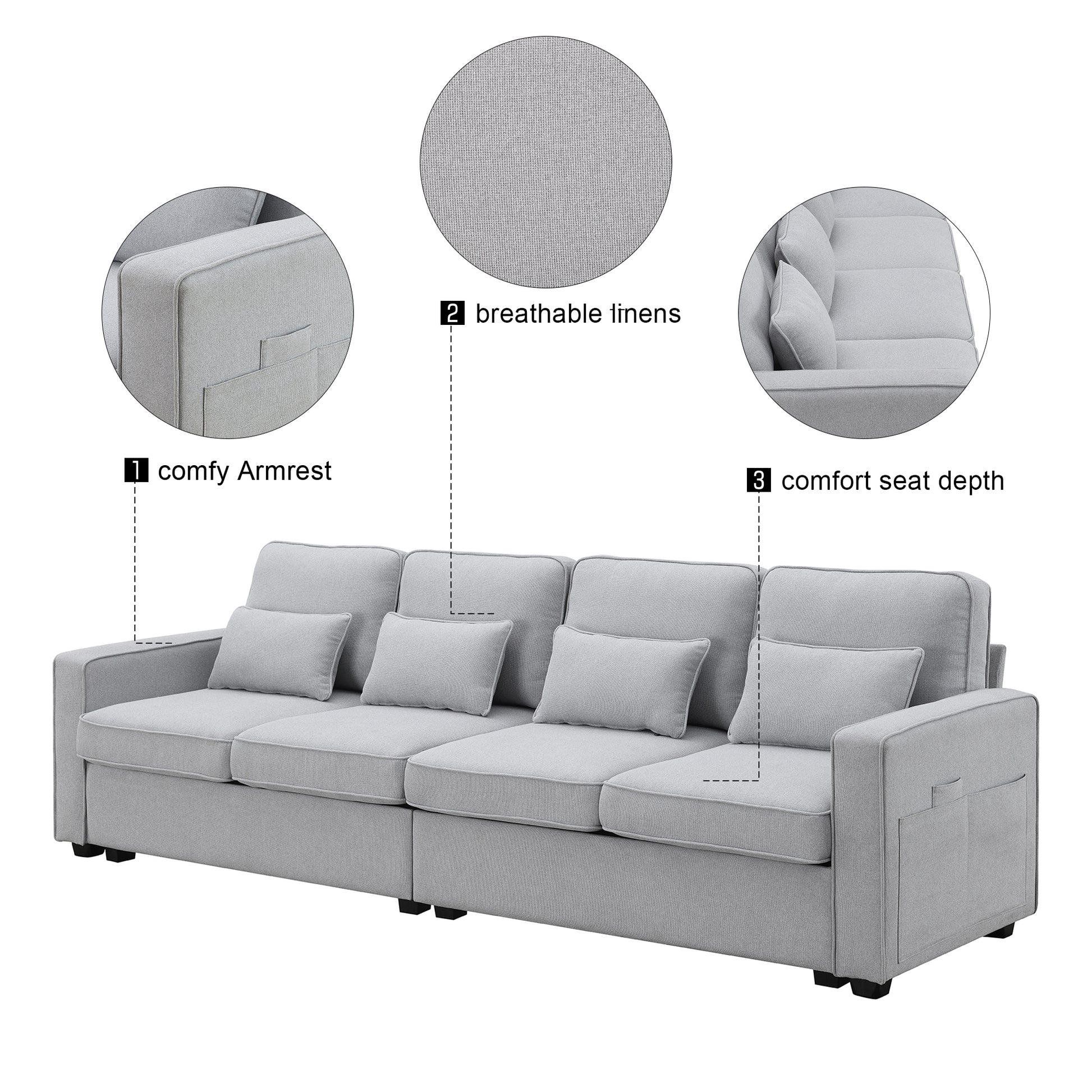 104" 4 Seater Modern Linen Fabric Sofa With Armrest Pockets And 4 Pillows,Minimalist Style Couch For Living Room, Apartment, Office,3 Colors Light Grey Fabric 4 Seat