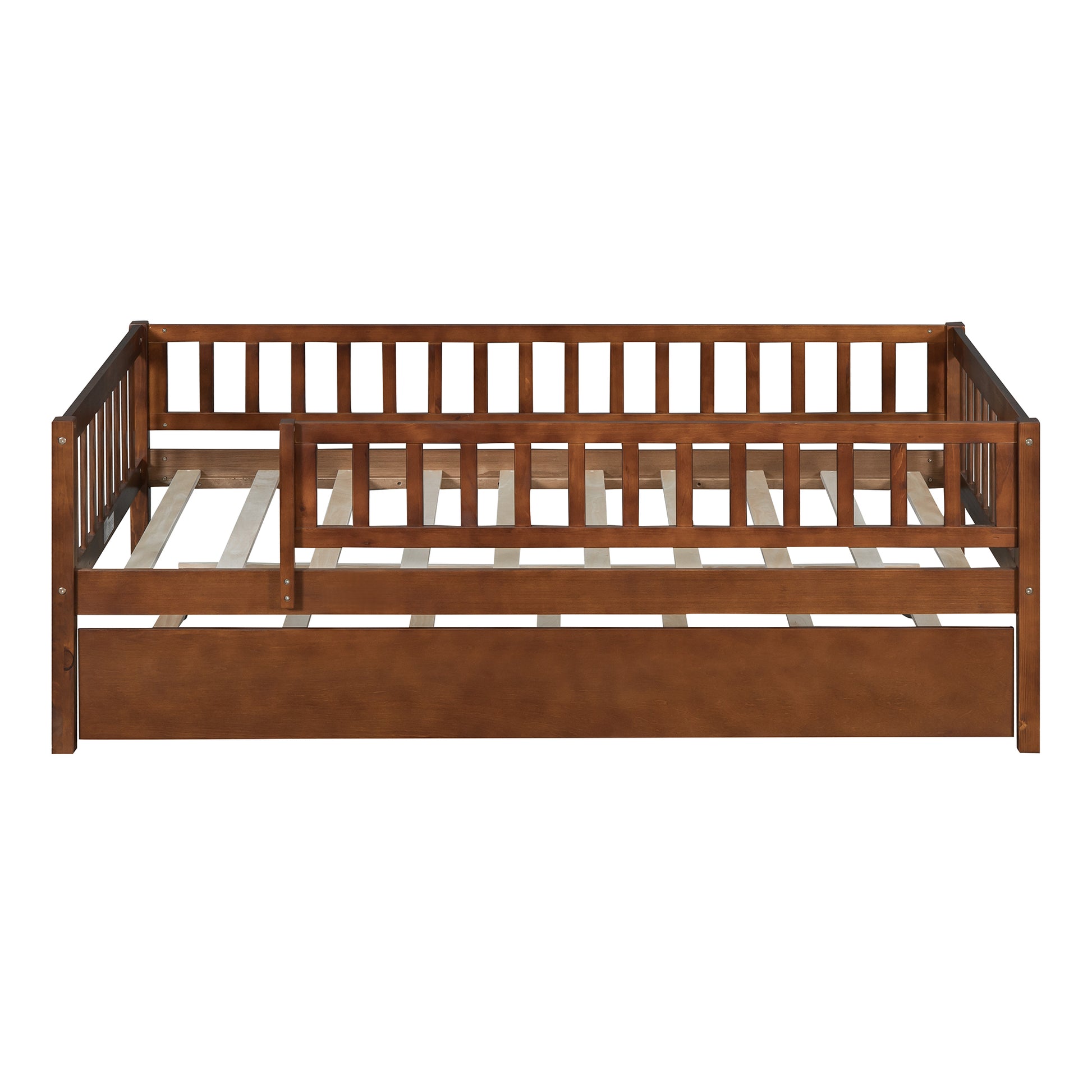 Twin Size Wood Daybed With Trundle And Fence Guardrails, Walnut Twin Walnut Solid Wood Mdf