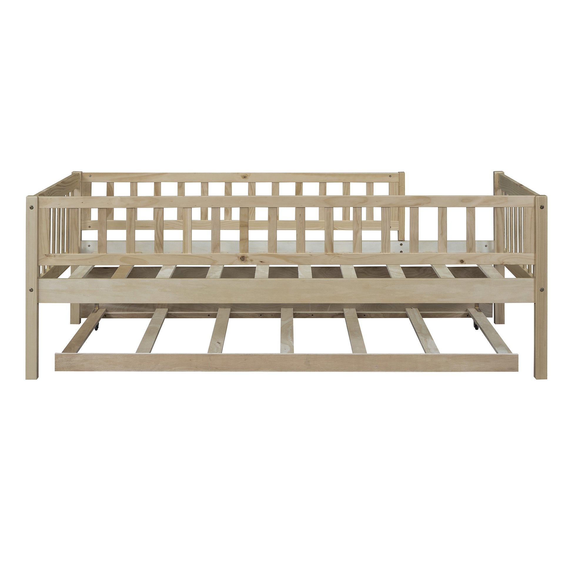 Twin Size Wood Daybed With Trundle And Fence Guardrails, Natural Twin Natural Solid Wood Mdf