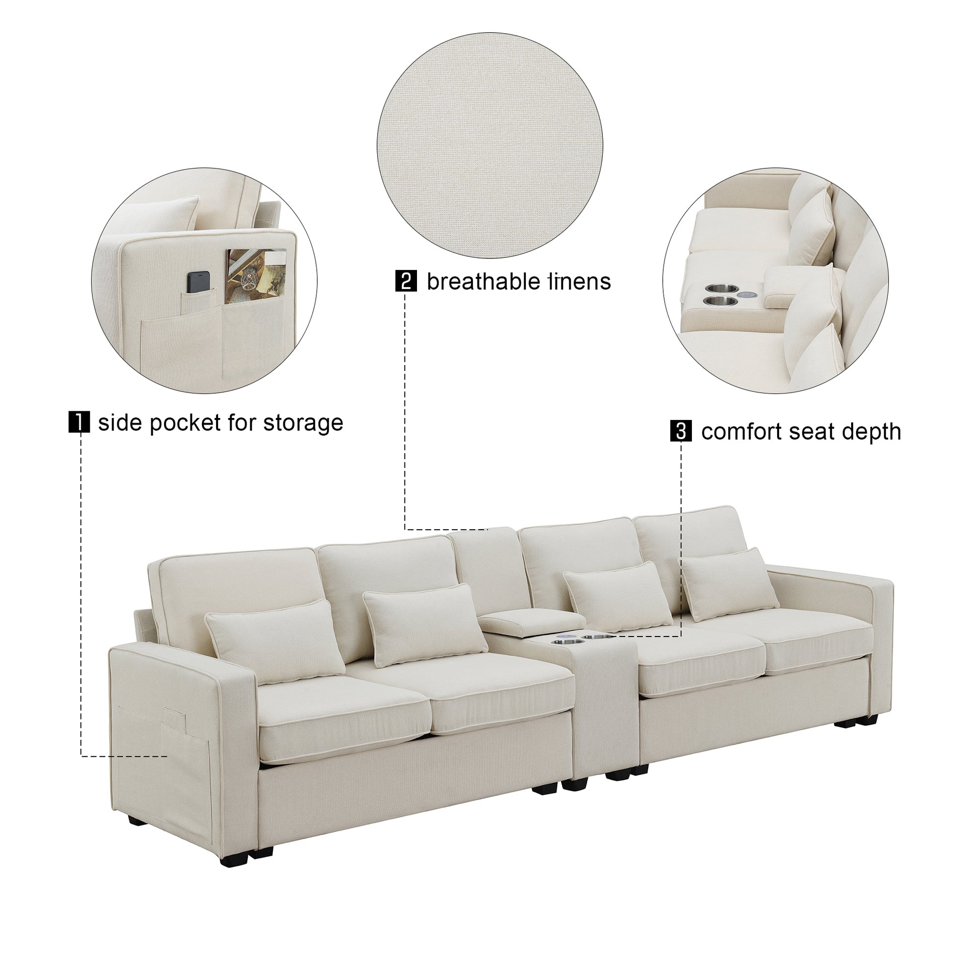 114.2" Upholstered Sofa With Console, 2 Cupholders And 2 Usb Ports Wired Or Wirelessly Charged, Modern Linen Fabric Couches With 4 Pillows For Living Room, Apartment 4 Seat Beige Fabric 4 Seat