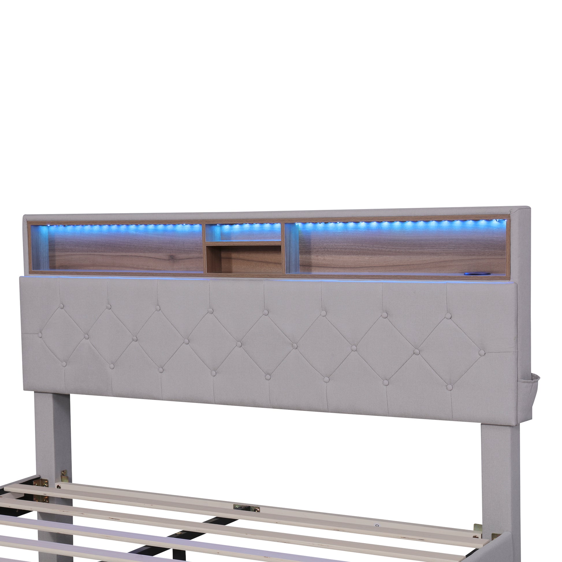 Queen Size Upholstered Platform Bed With Storage Headboard, Led, Usb Charging And 2 Drawers, Beige Beige Upholstered