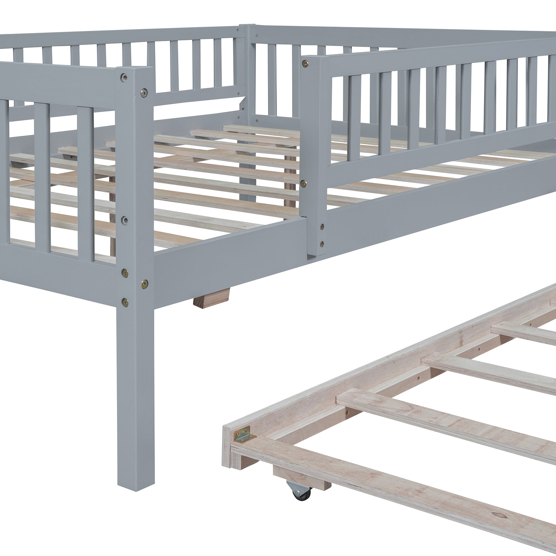 Full Size Wood Daybed With Trundle And Fence Guardrails, Gray Full Gray Solid Wood Mdf