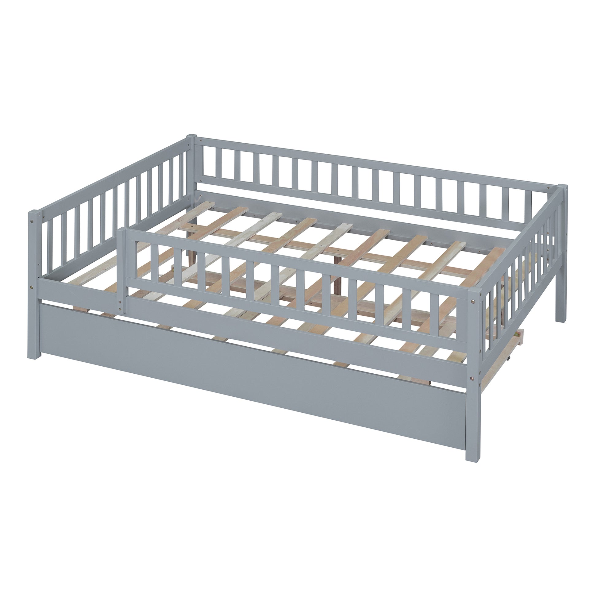 Full Size Wood Daybed With Trundle And Fence Guardrails, Gray Full Gray Solid Wood Mdf