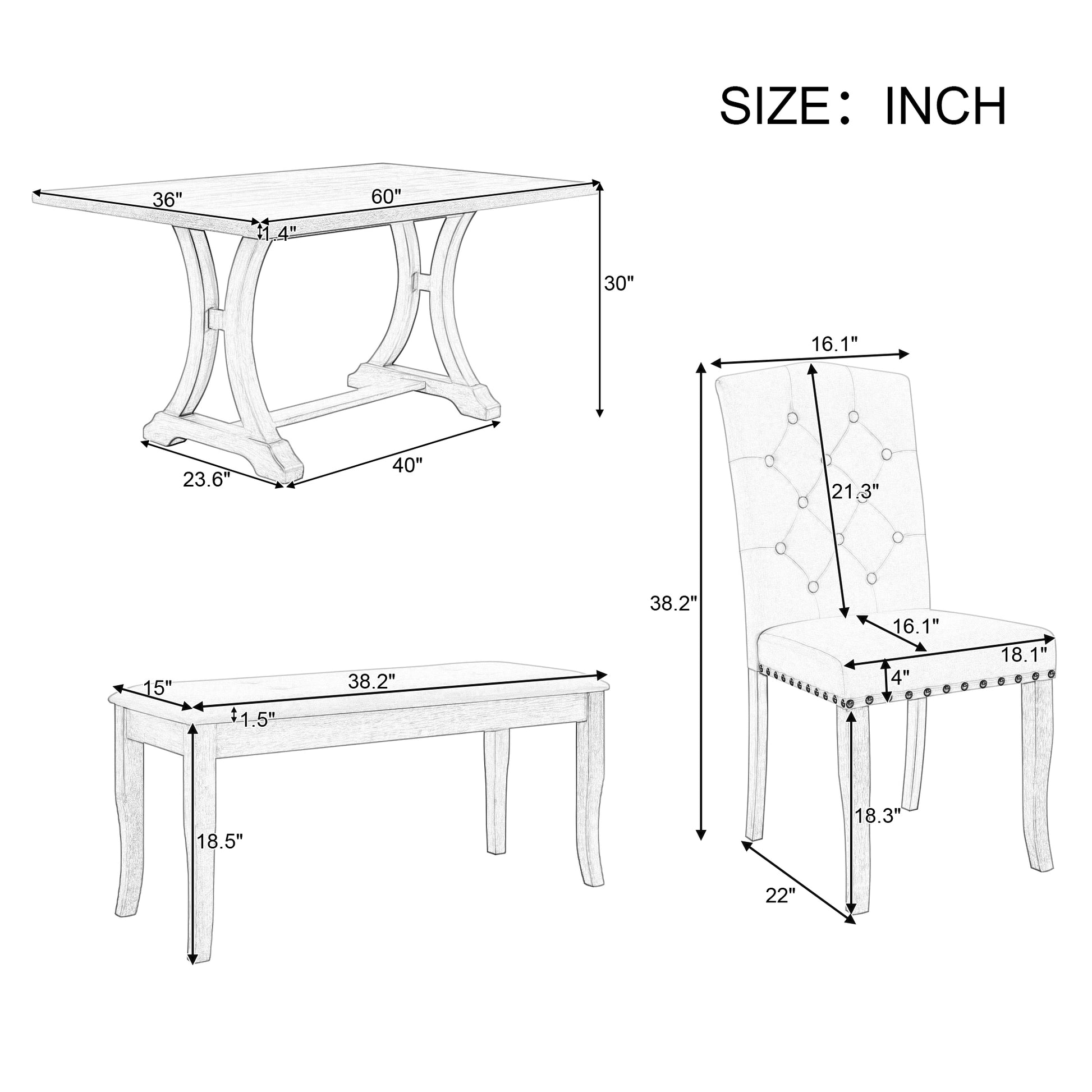 6 Piece Farmhouse Dining Table Set, Rectangular Trestle Table And 4 Upholstered Chairs & Bench For Dining Room Antique Gray Antique Gray Solid Wood