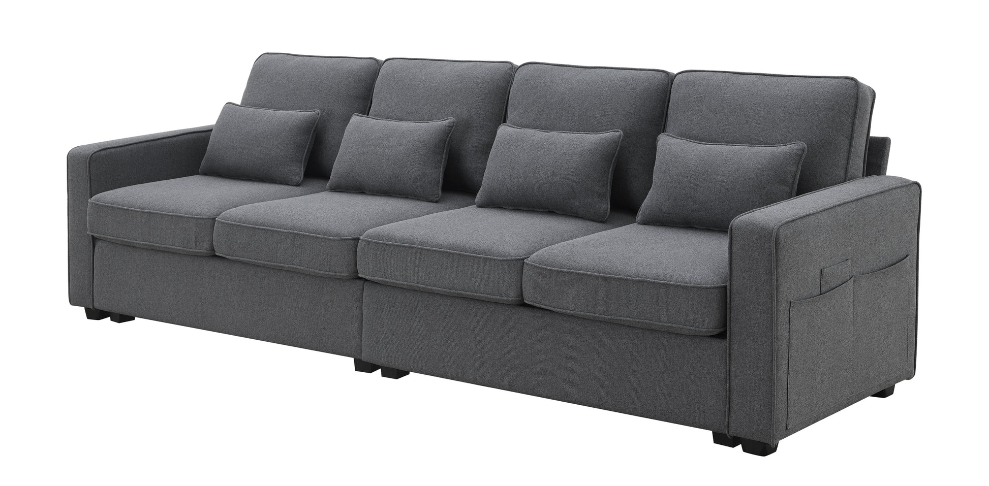 104" 4 Seater Modern Linen Fabric Sofa With Armrest Pockets And 4 Pillows,Minimalist Style Couch For Living Room, Apartment, Office,3 Colors Dark Grey Fabric 4 Seat