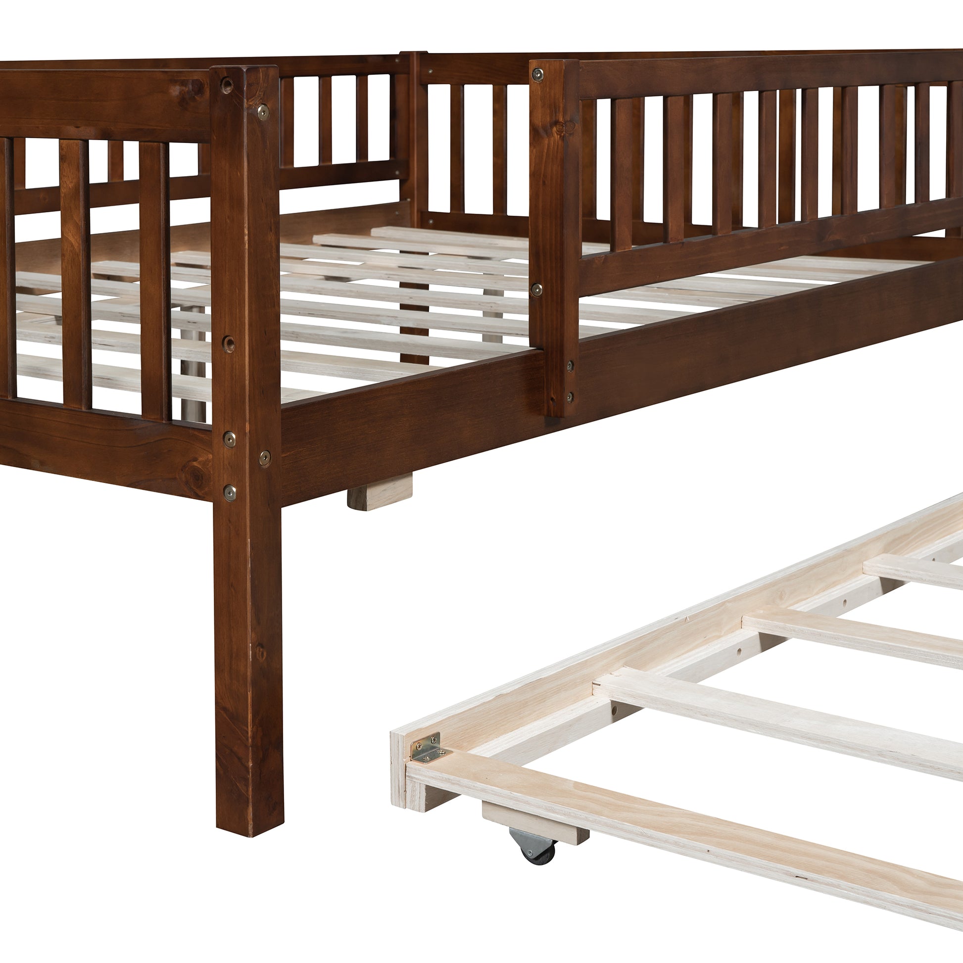 Full Size Wood Daybed With Trundle And Fence Guardrails, Walnut Full Walnut Solid Wood Mdf