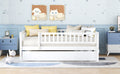 Full Size Wood Daybed With Trundle And Fence Guardrails, White Full White Solid Wood Mdf