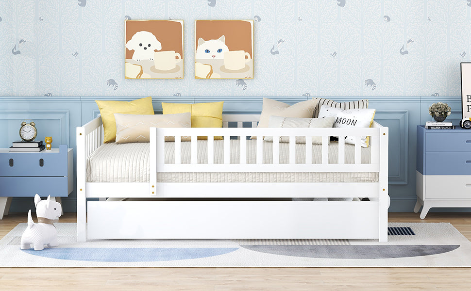 Full Size Wood Daybed With Trundle And Fence Guardrails, White Full White Solid Wood Mdf