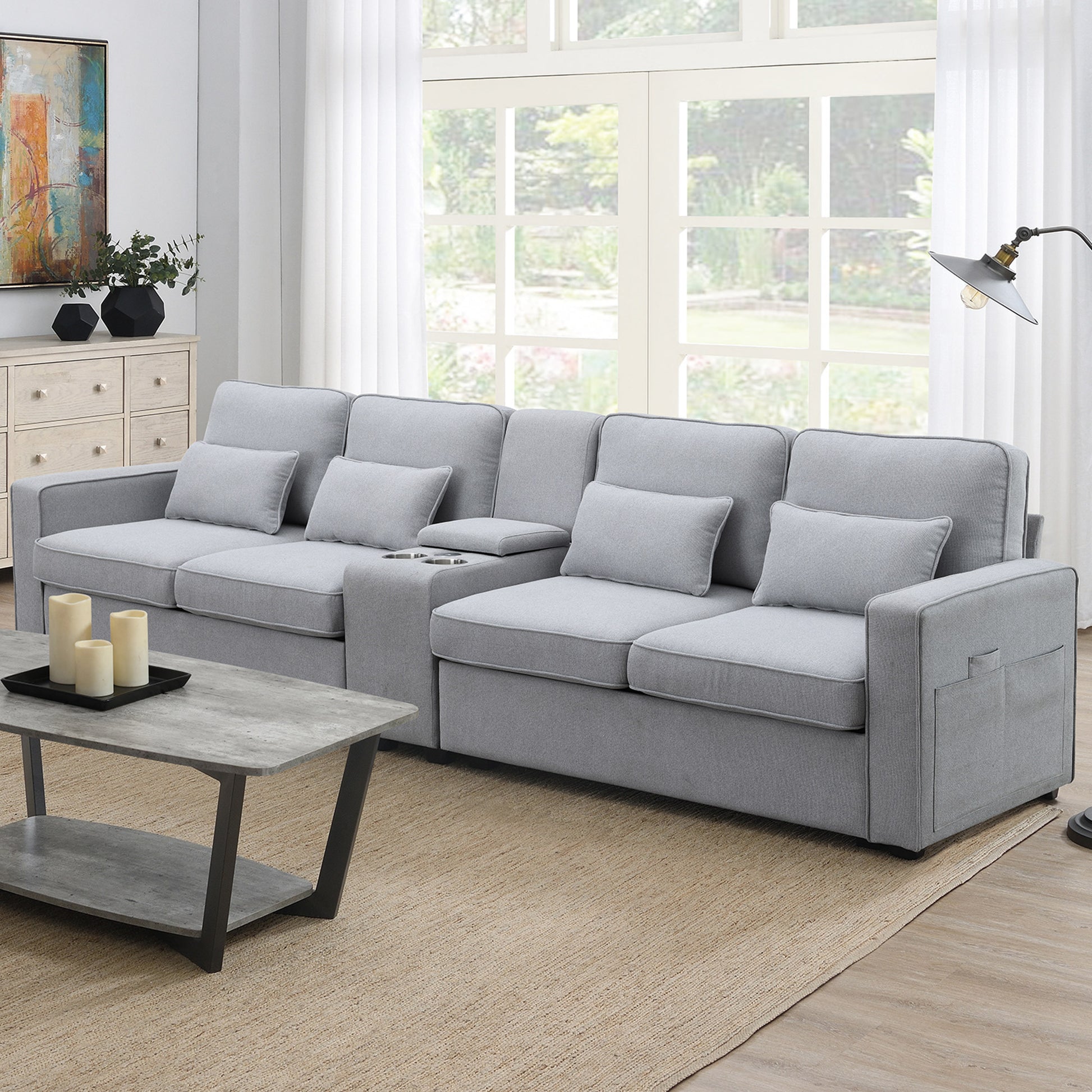 114.2" Upholstered Sofa With Console, 2 Cupholders And 2 Usb Ports Wired Or Wirelessly Charged, Modern Linen Fabric Couches With 4 Pillows For Living Room, Apartment 4 Seat Light Gray Fabric 4 Seat