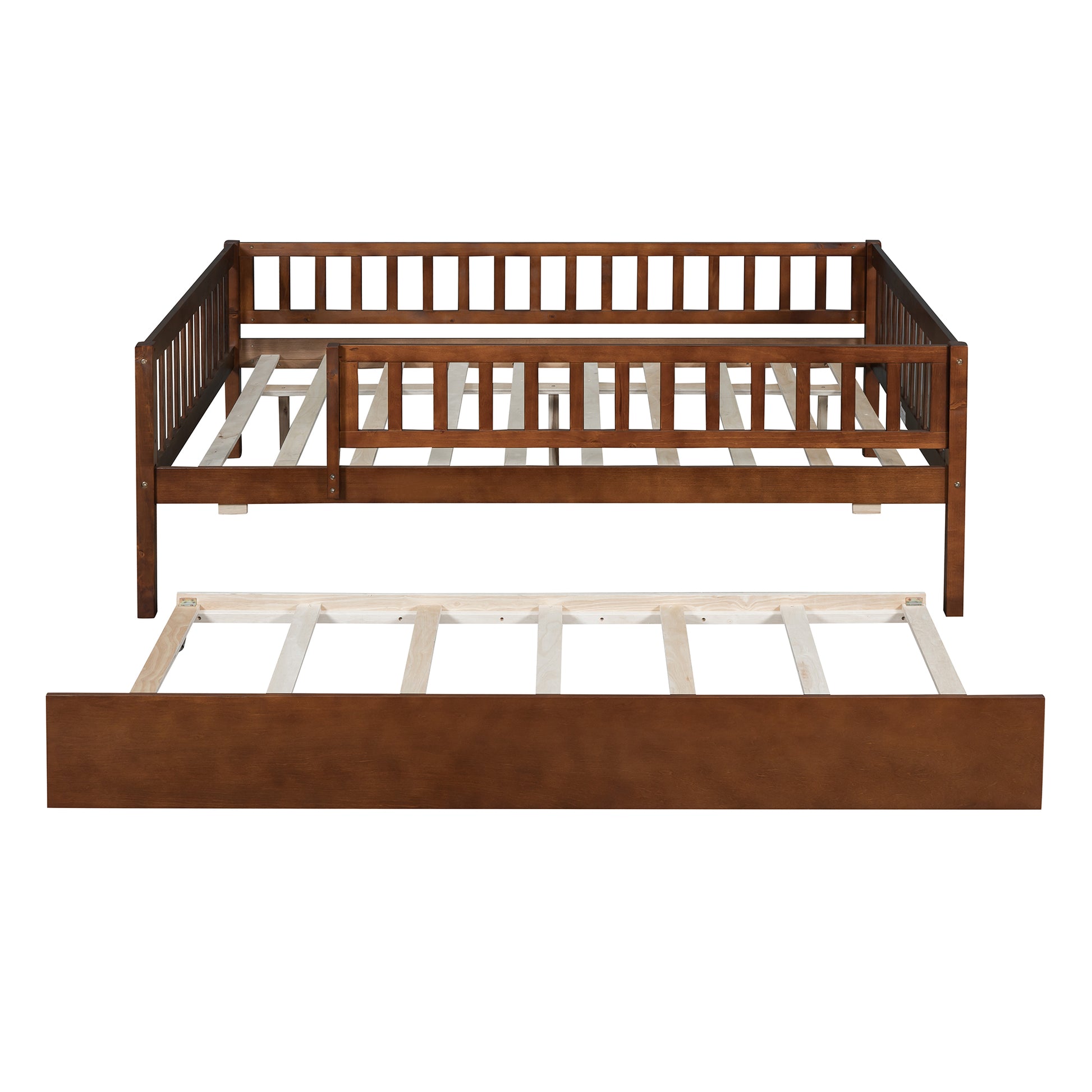 Full Size Wood Daybed With Trundle And Fence Guardrails, Walnut Full Walnut Solid Wood Mdf