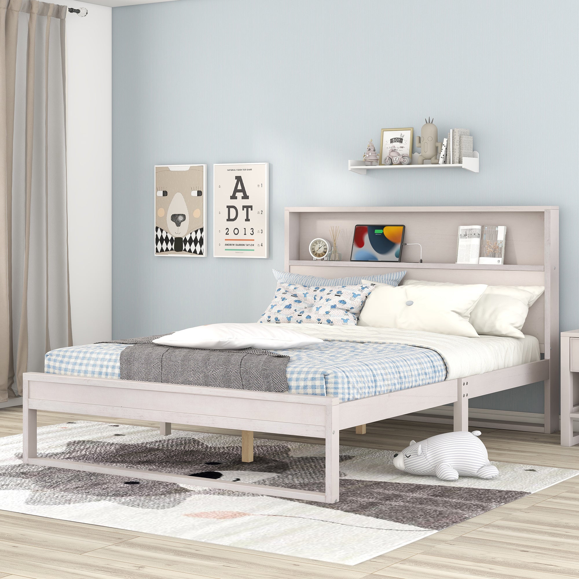 Platform Bed With Storage Headboard,Sockets And Usb Ports,Queen Size Platform Bed,Antique White Antique White Wood