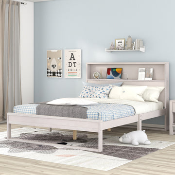 Platform Bed With Storage Headboard,Sockets And Usb Ports,Queen Size Platform Bed,Antique White Antique White Wood