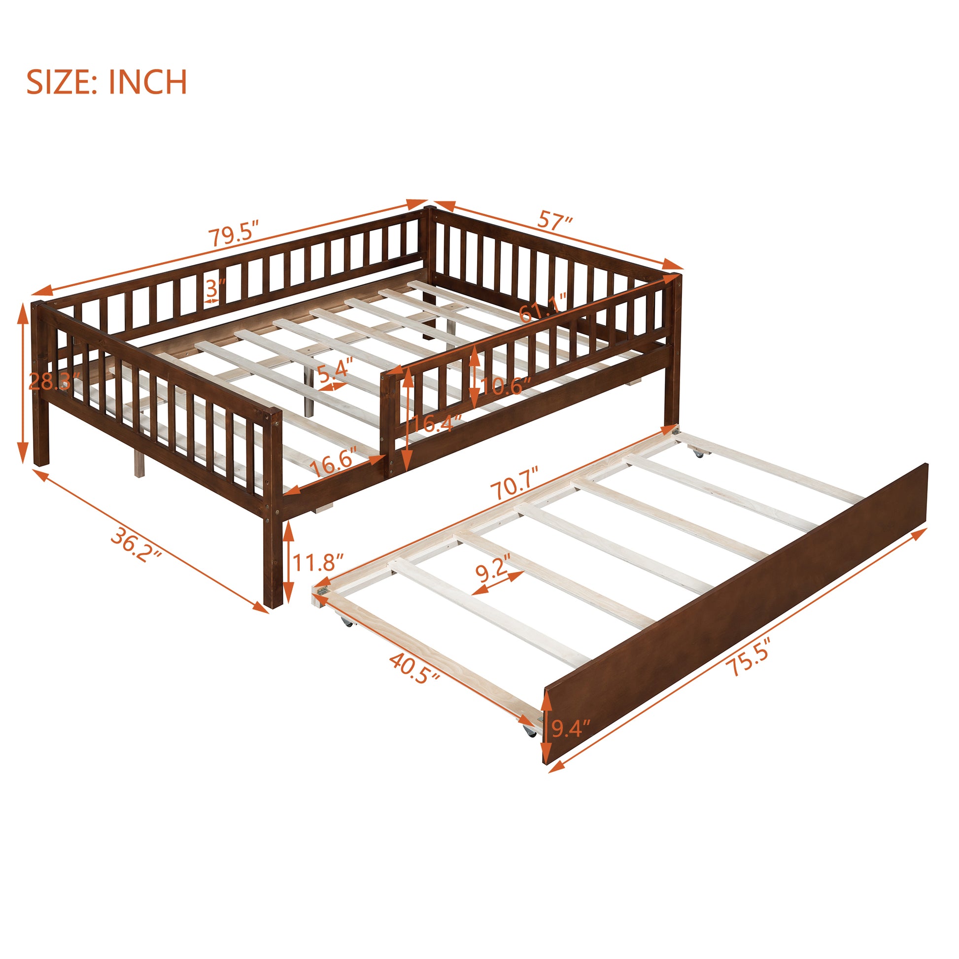 Full Size Wood Daybed With Trundle And Fence Guardrails, Walnut Full Walnut Solid Wood Mdf