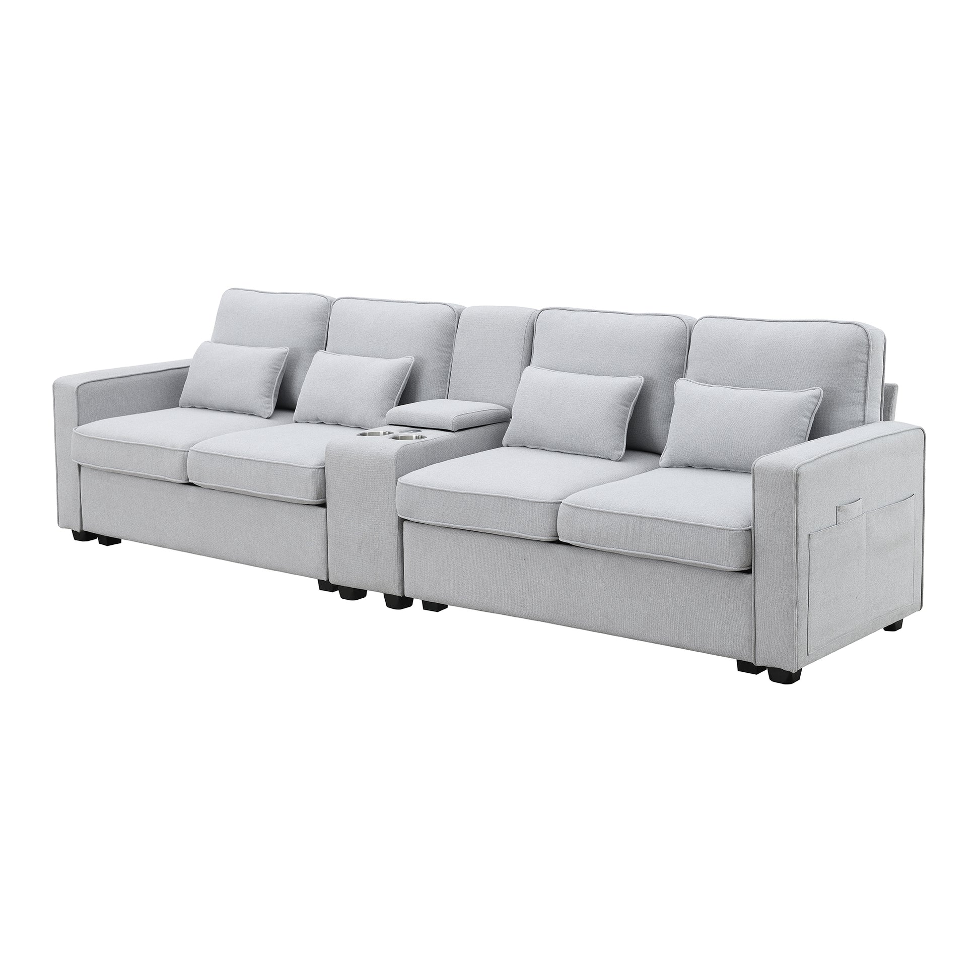 114.2" Upholstered Sofa With Console, 2 Cupholders And 2 Usb Ports Wired Or Wirelessly Charged, Modern Linen Fabric Couches With 4 Pillows For Living Room, Apartment 4 Seat Light Gray Fabric 4 Seat