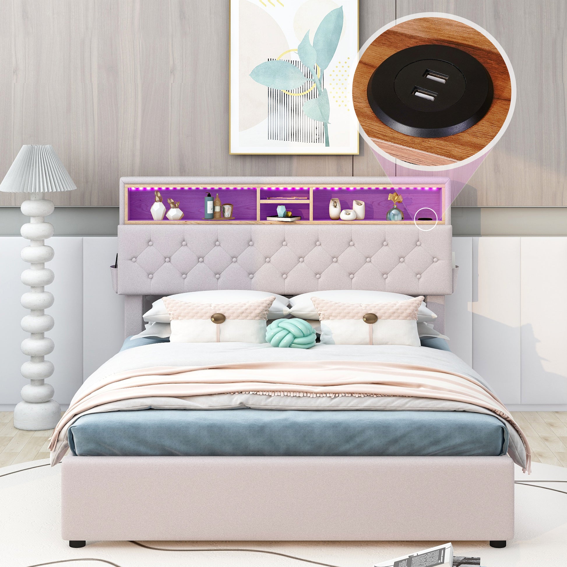 Full Size Upholstered Platform Bed With Storage Headboard, Led, Usb Charging And 2 Drawers, Beige Box Spring Not Required Beige Wood Linen Upholstered