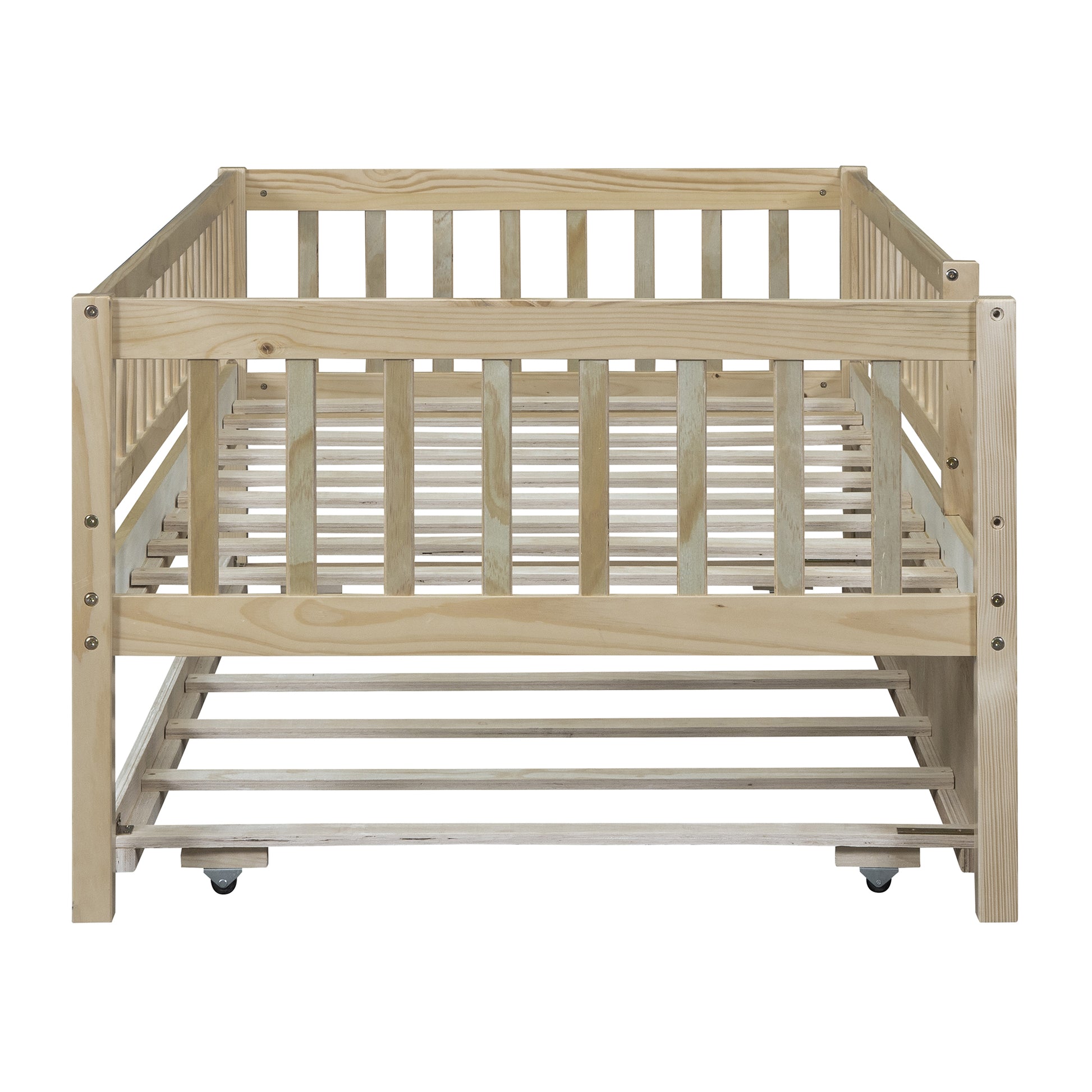 Twin Size Wood Daybed With Trundle And Fence Guardrails, Natural Twin Natural Solid Wood Mdf