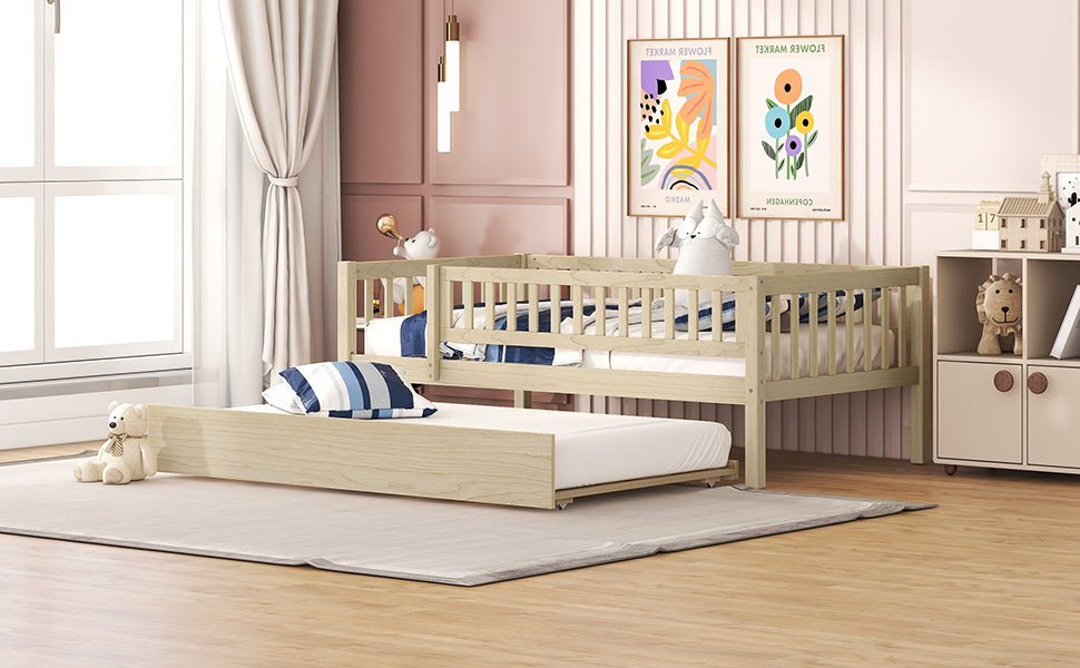 Twin Size Wood Daybed With Trundle And Fence Guardrails, Natural Twin Natural Solid Wood Mdf