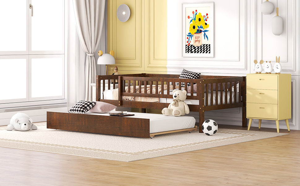 Twin Size Wood Daybed With Trundle And Fence Guardrails, Walnut Twin Walnut Solid Wood Mdf