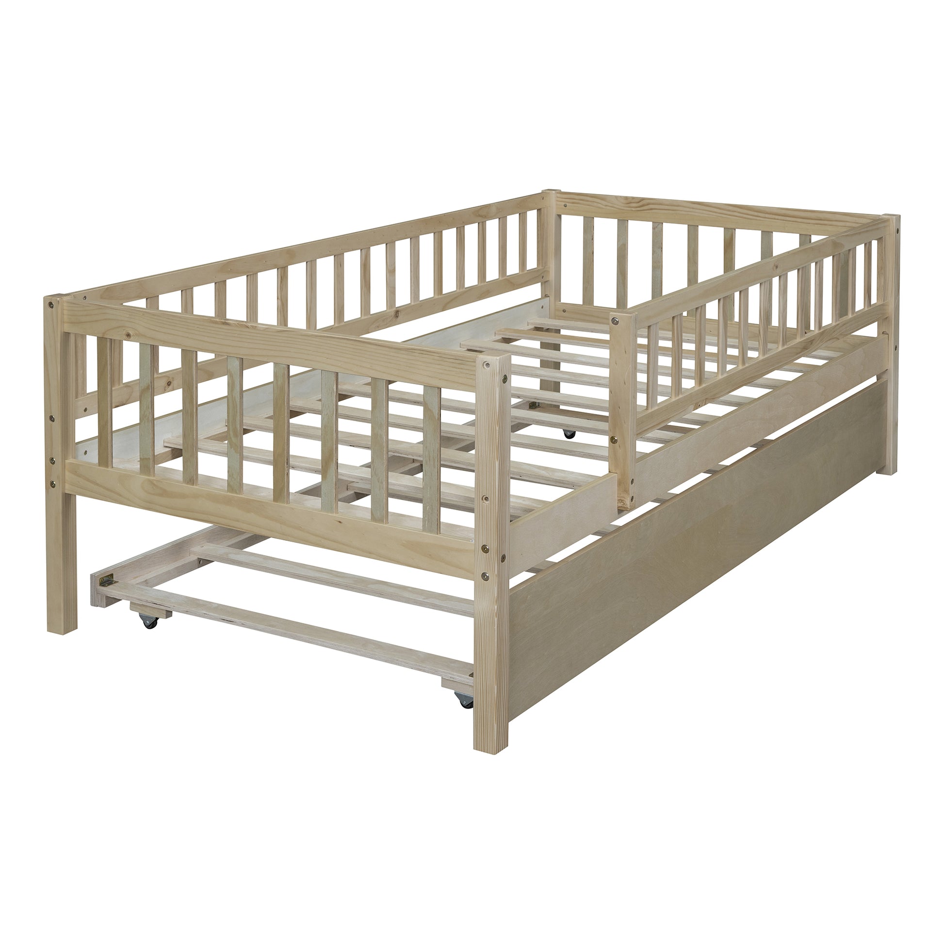 Twin Size Wood Daybed With Trundle And Fence Guardrails, Natural Twin Natural Solid Wood Mdf