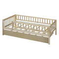 Twin Size Wood Daybed With Trundle And Fence Guardrails, Natural Twin Natural Solid Wood Mdf