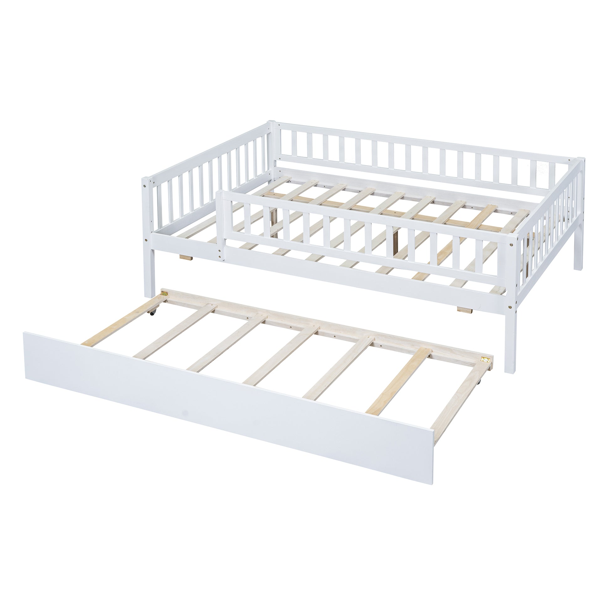 Full Size Wood Daybed With Trundle And Fence Guardrails, White Full White Solid Wood Mdf