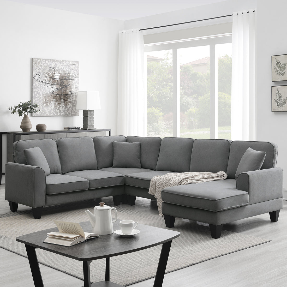 108*85.5" Modern U Shape Sectional Sofa, 7 Seat Fabric Sectional Sofa Set With 3 Pillows Included For Living Room, Apartment, Office,3 Colors Dark Grey Fabric