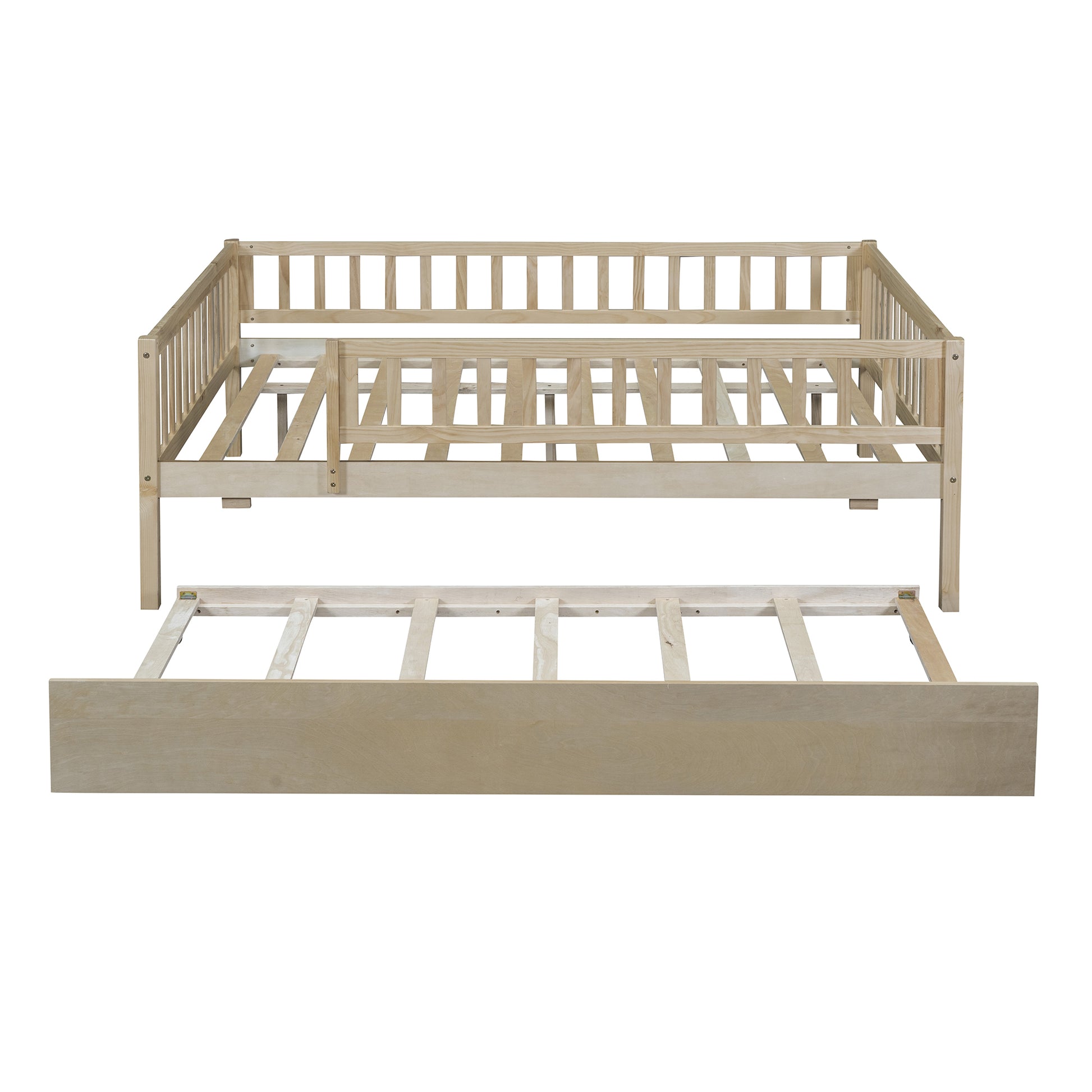 Full Size Wood Daybed With Trundle And Fence Guardrails, Natural Full Natural Solid Wood Mdf