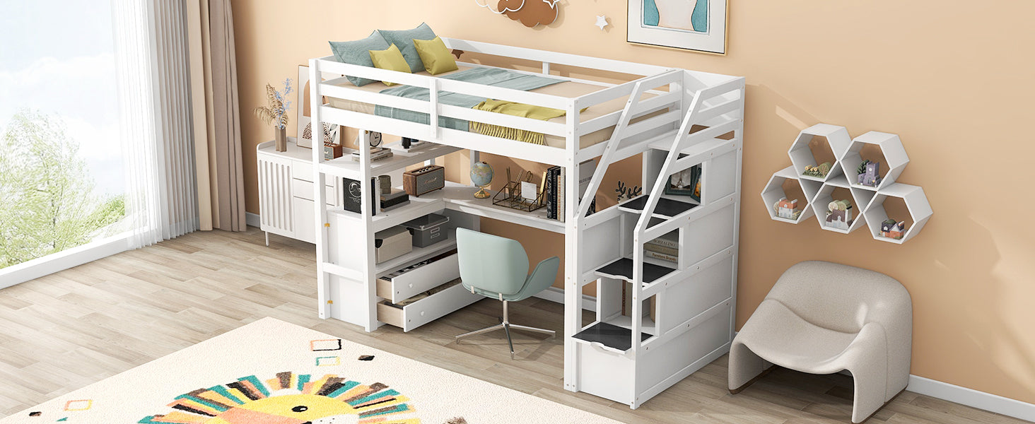 Twin Size Loft Bed With Desk And Shelves, Two Built In Drawers, Storage Staircase, White White Pine