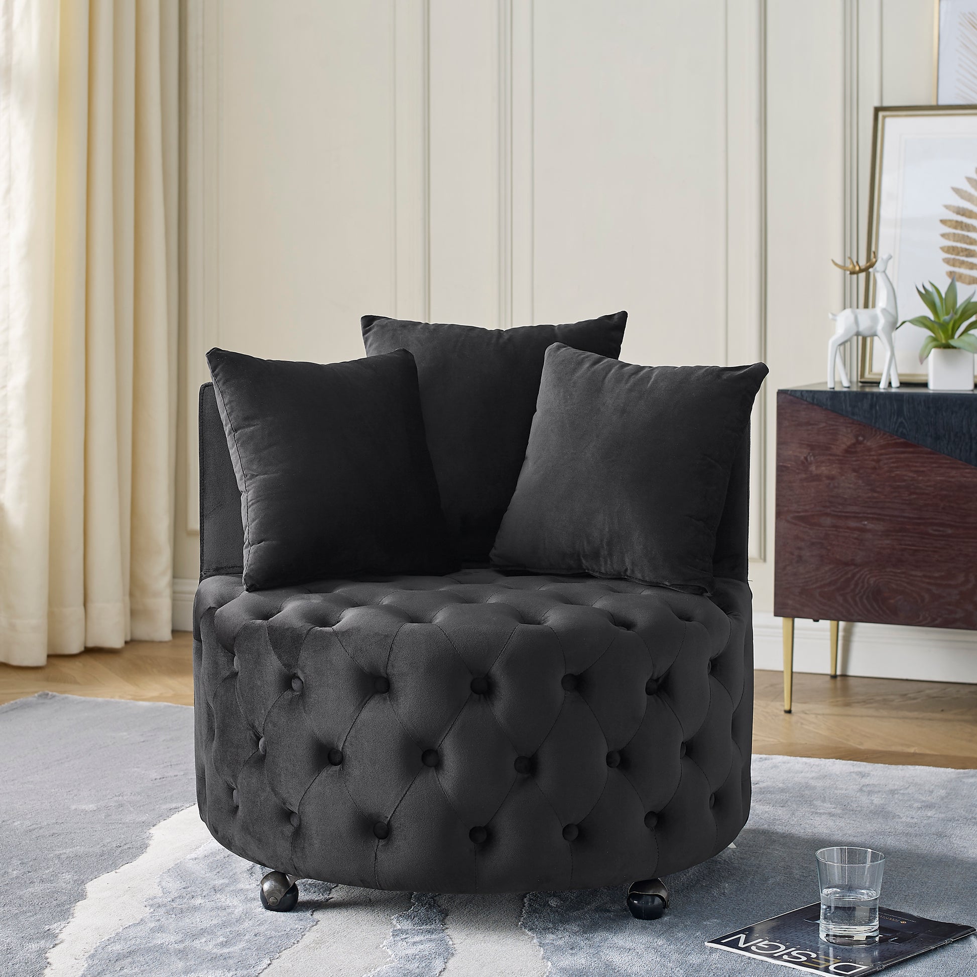 Velvet Upholstered Swivel Chair For Living Room, With Button Tufted Design And Movable Wheels, Including 3 Pillows, Black Black Foam