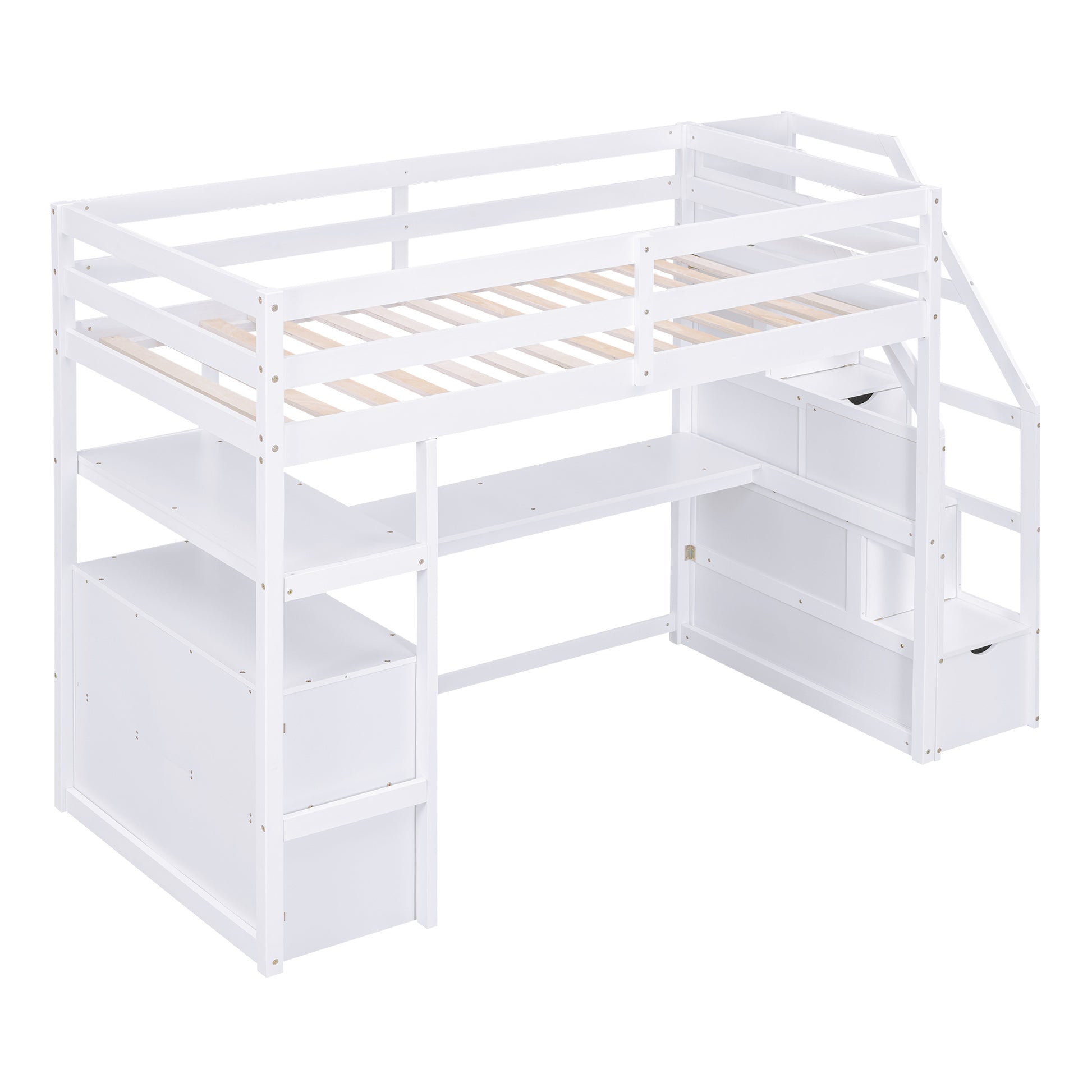 Twin Size Loft Bed With Desk And Shelves, Two Built In Drawers, Storage Staircase, White White Pine