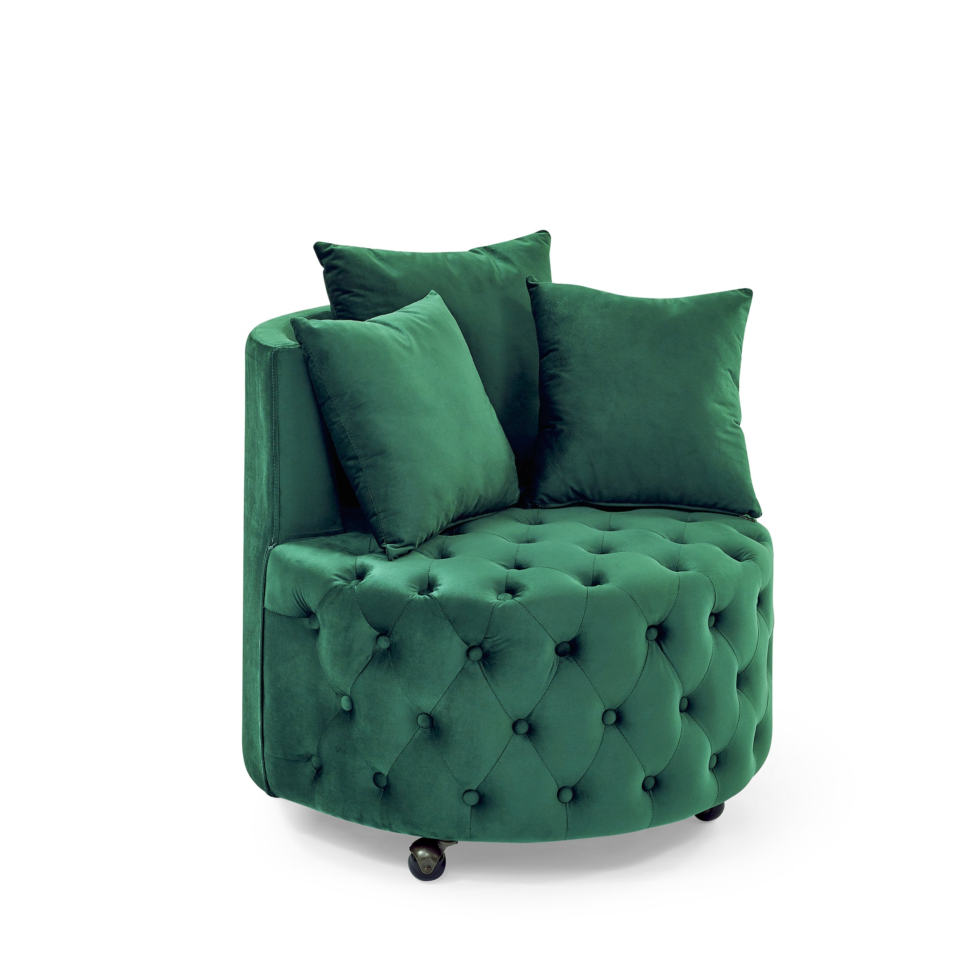 Velvet Upholstered Swivel Chair For Living Room, With Button Tufted Design And Movable Wheels, Including 3 Pillows, Green Green Foam