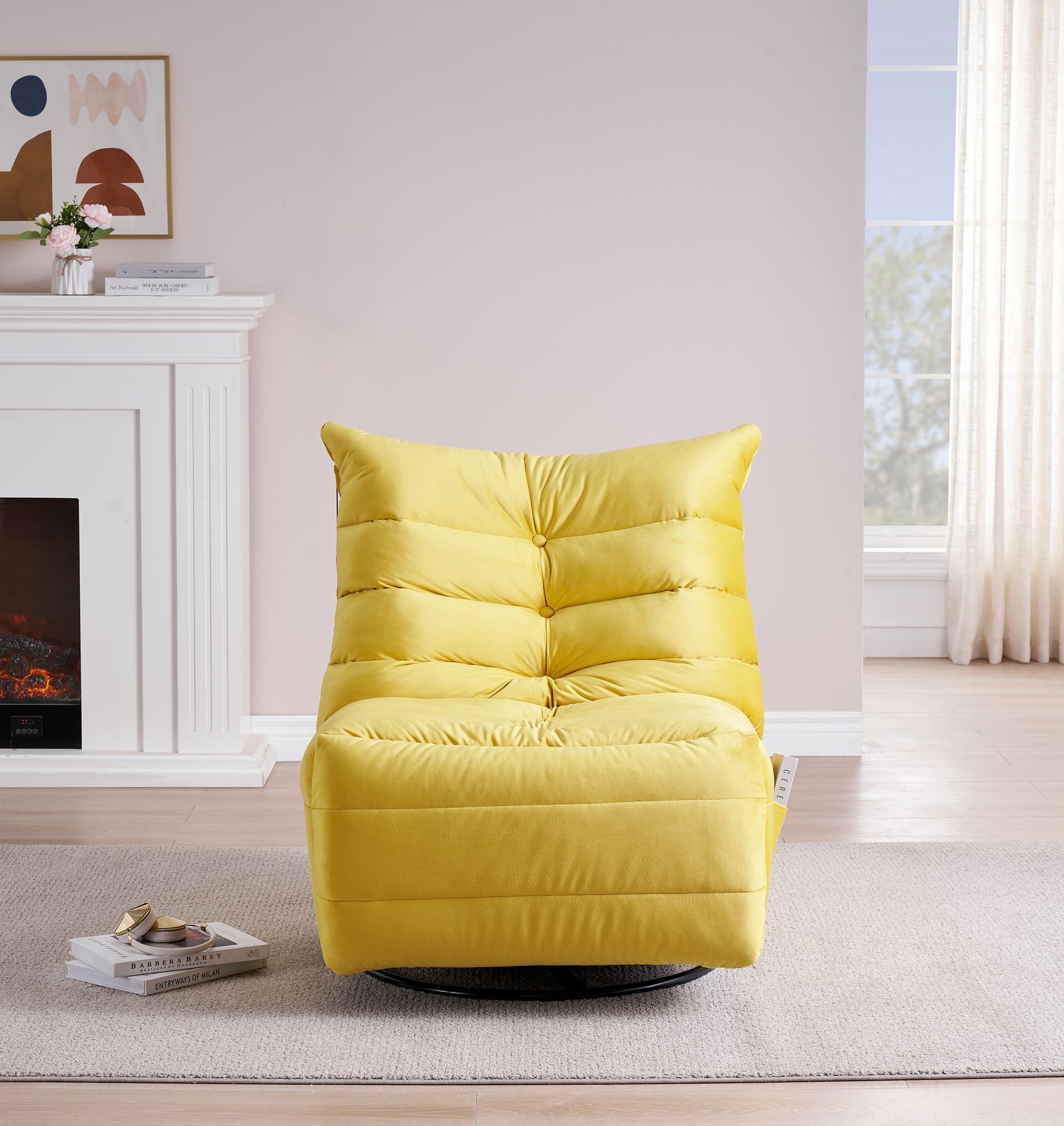 Lazy Chairrotatable Modern Lounge With A Side Pocket, Leisure Upholstered Sofa Chairreading Chair For Small Space Yellow Velvet