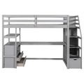 Twin Size Loft Bed With Desk And Shelves, Two Built In Drawers, Storage Staircase, Gray Gray Pine