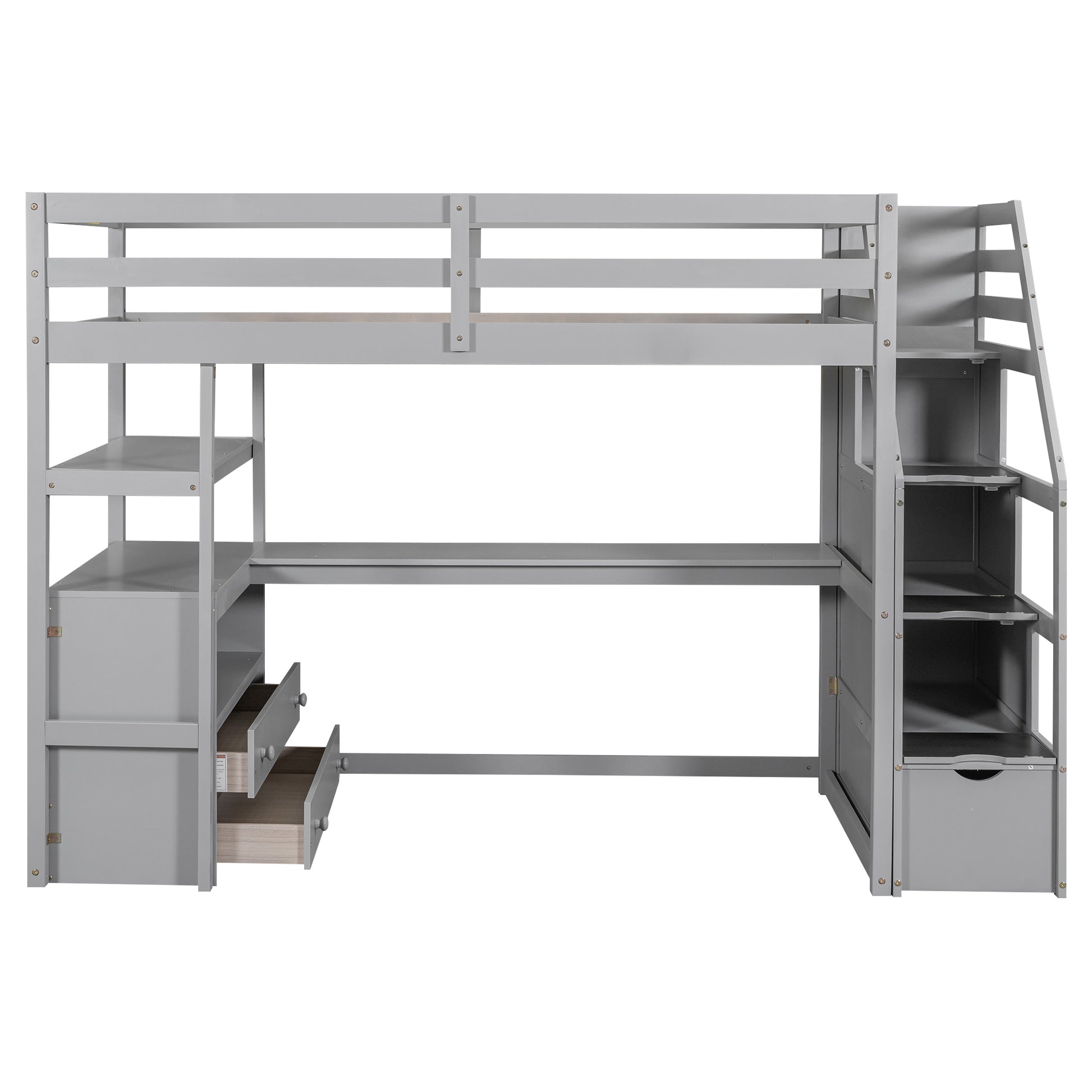 Twin Size Loft Bed With Desk And Shelves, Two Built In Drawers, Storage Staircase, Gray Gray Pine