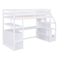 Twin Size Loft Bed With Desk And Shelves, Two Built In Drawers, Storage Staircase, White White Pine