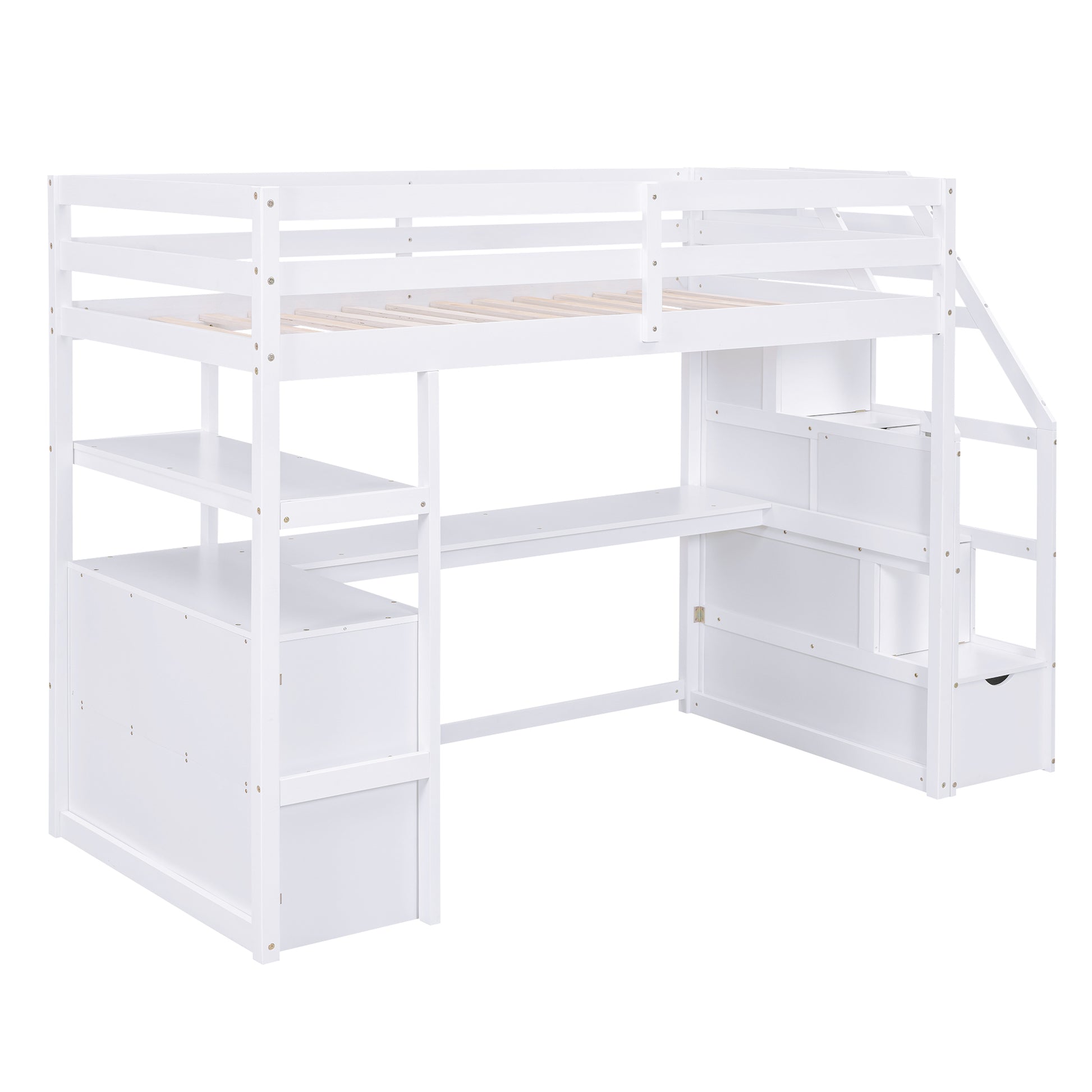 Twin Size Loft Bed With Desk And Shelves, Two Built In Drawers, Storage Staircase, White White Pine