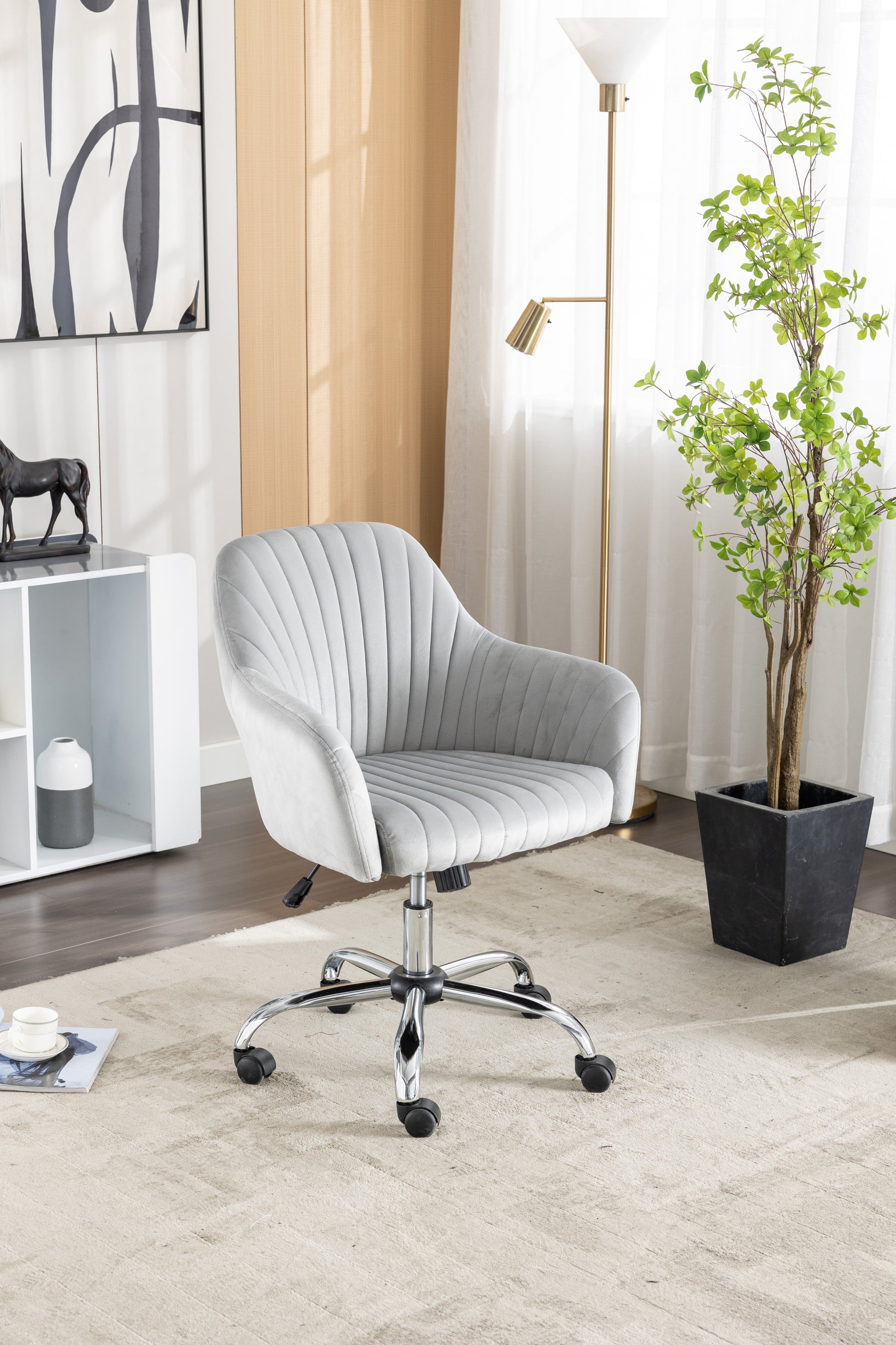 Accent Chair Modern Home Office Leisure Chair With Adjustable Velvet Height And Adjustable Casters Lightgray Light Gray Cotton Velvet